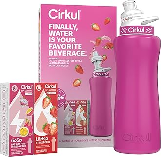 Cirkul 32oz. Hot Pink Stainless Steel Water Bottle Starter Kit with Pink Lid and 2 Flavor Cartridges (1 LifeSip Strawberry, 1 GoSip Passion Fruit Dragon Fruit) No Sugar, Zero Calorie Drink Mix