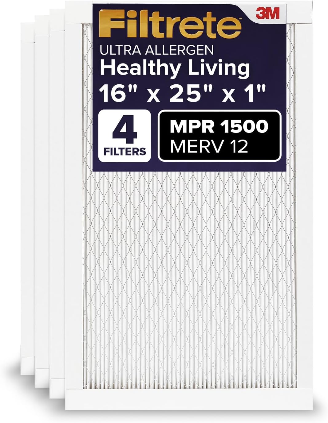 Filtrete 16x25x1 AC Furnace Air Filter, MERV 12, MPR 1500, CERTIFIED Asthma & Allergy Friendly, 3-Month Pleated 1-Inch Electrostatic Air Cleaning Filter, 4-Pack (Actual Size 15.68x24.68x0.81 in)