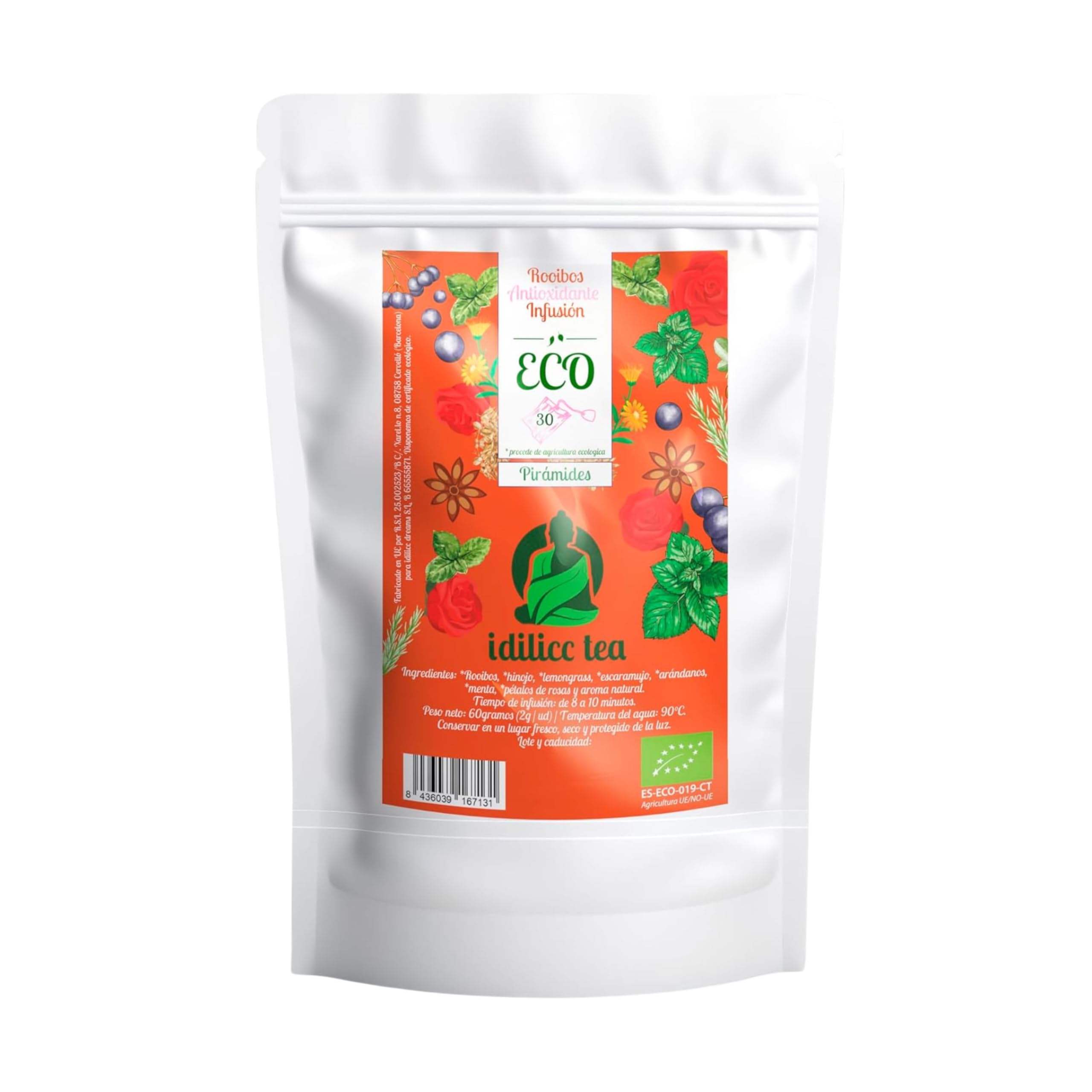 IDILICC TEA Infusion de Rooibos 100% Ecológico. 30 Pirámides. Bolsitas de Te Rojo Sudafricano Natural con Hinojo y Tila. Roibos Relajante. Reduce Acidez Estomacal. Infusiones Variadas