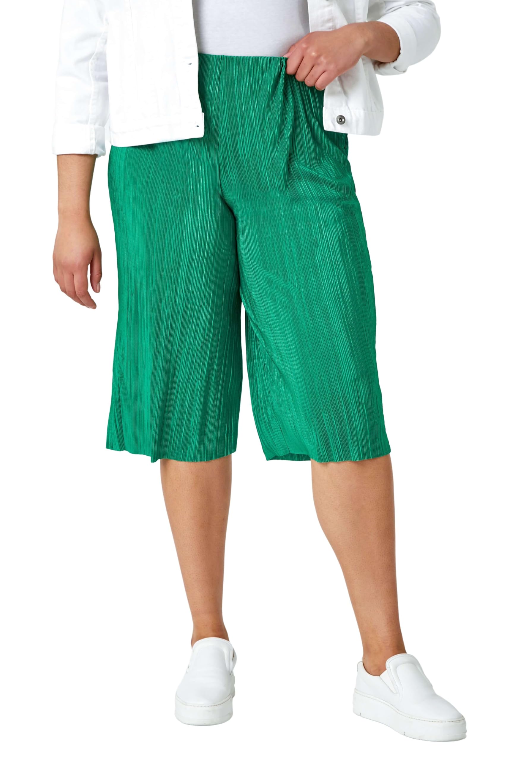 Roman Women's Green Curve Elastic Waist Plisse Culotte Trousers In Size 22-24
