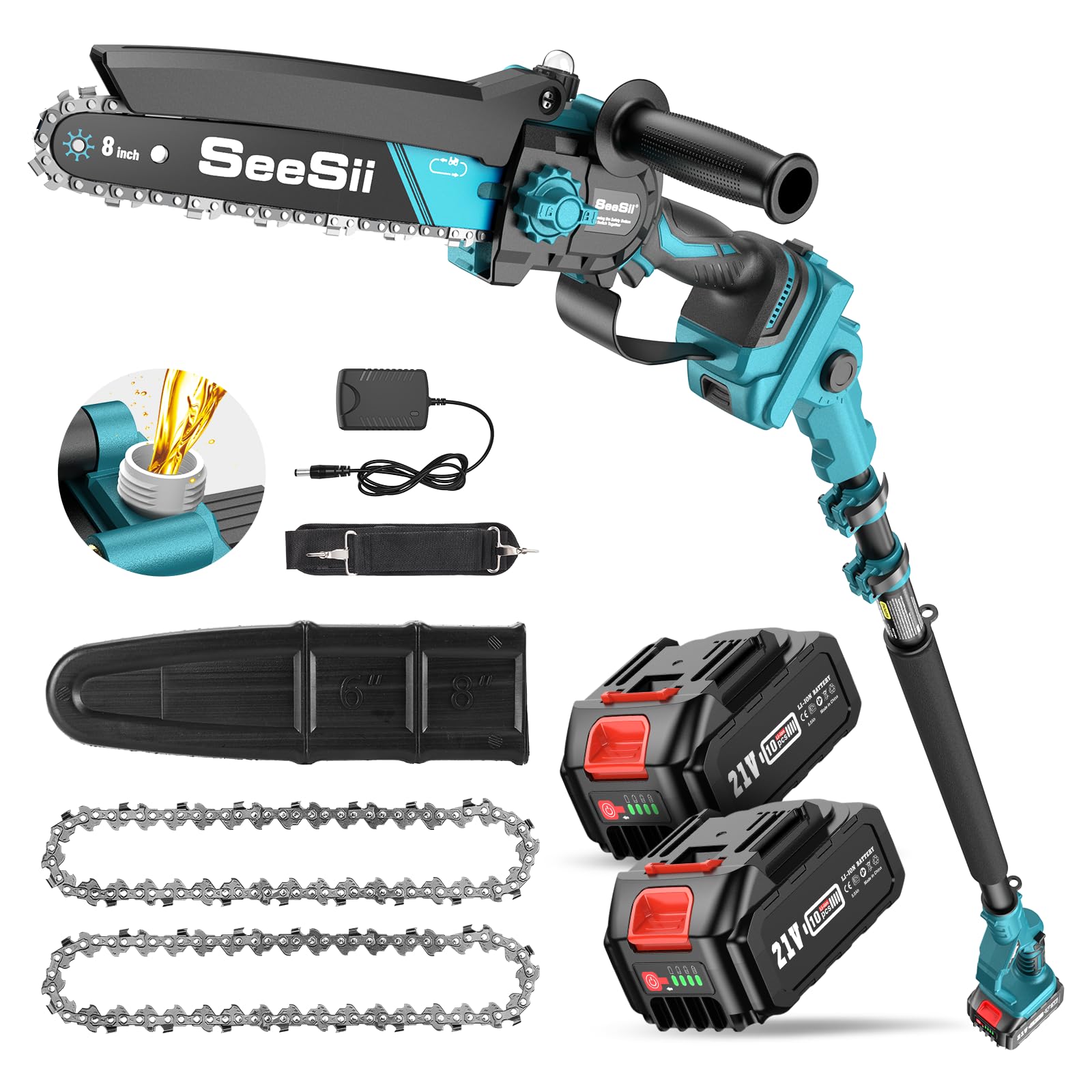 SeesiiPS810 2-IN-1 Cordless Pole Saw & Mini Chainsaw, 8-inch Electric Saws Brushless with 2 x 4.0Ah Batteries, 16-Foot MAX, Chain Saw with Extension Pole for Wood Cutting Trimming Branch
