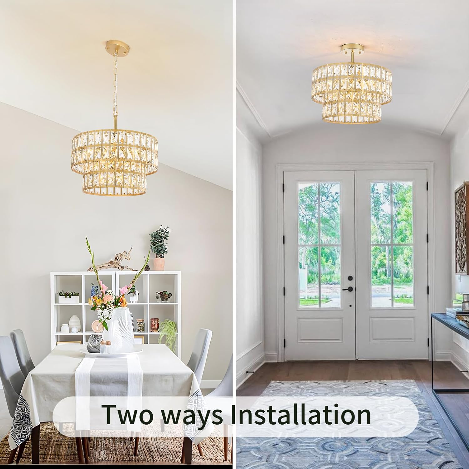 2-Tier Gold Crystal Chandelier, 5-Light 15.35’’ Modern Crystal Chandelier, Adjustable K9 Crystal Pendant Ceiling Light Fixture for Dining Living Room Foyer Entryway Bedroom