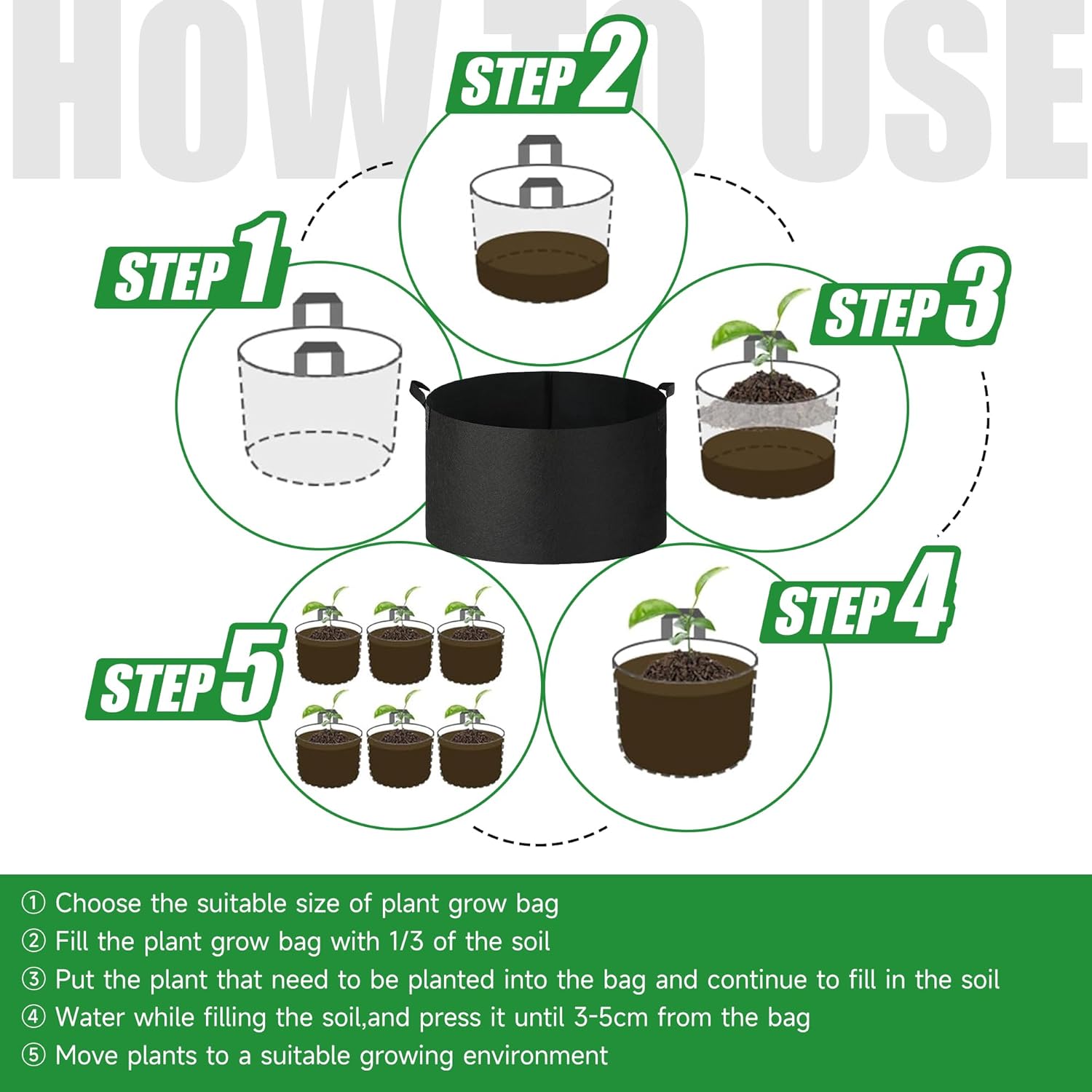 2-Pack 20 Gallon Fabric Grow Bags with Handle, Heavy Duty 300G Thickened Nonwoven with Handles and Reusable, Suitable for Garden Vegetables,Fruits and Flowers(Black) - Image 6