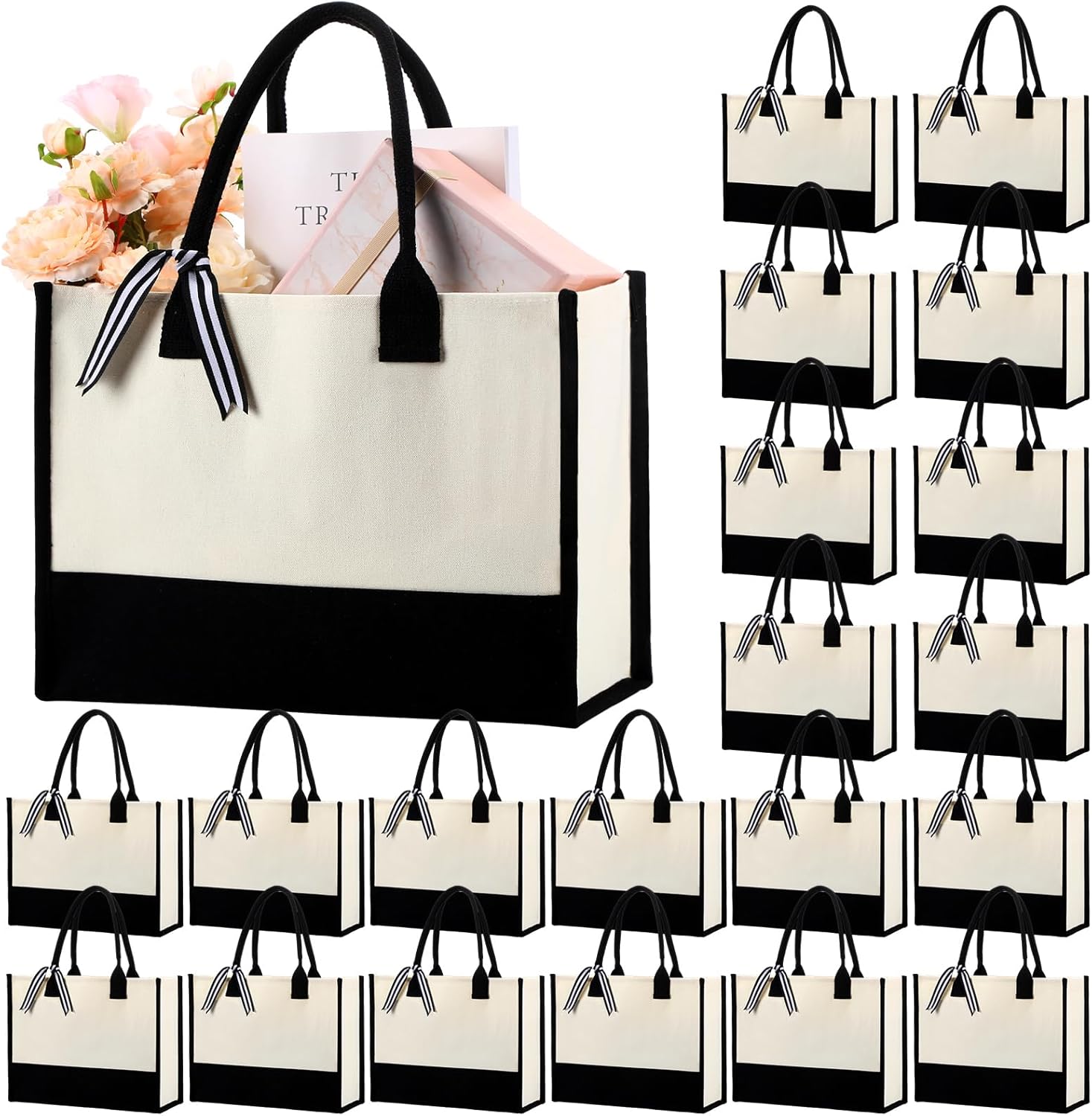 Sweetude 20 Pcs Canvas Tote Bags for Women Classic Initial Beach Bags with Handles Sublimation DIY Blank Personalized Tote for Wedding Bridesmaid Birthday Beach