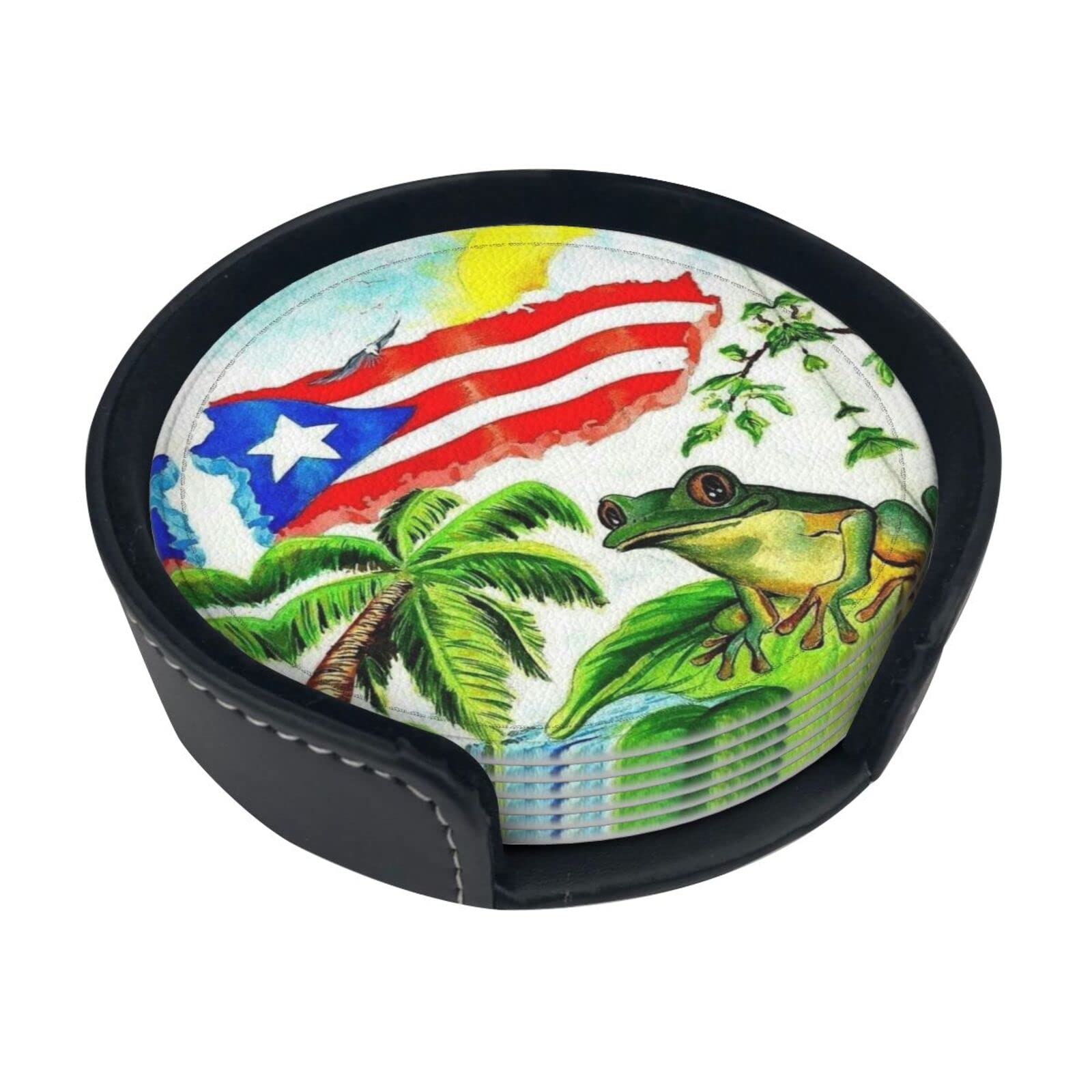 Coasters Set Of 6 Puerto Rico Flag Frog Palm Trees Print Leather Coasters For Drinks,Home Décor And Housewarming Gift