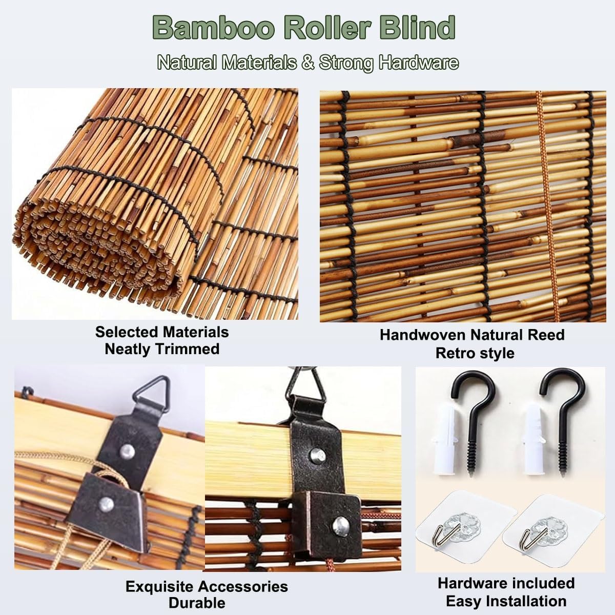 Bamboo Shades for Outdoor Patio, Outdoor Bamboo Blinds with Lift, Retro Light Filtering Roller Shades for Windows, Reed Privacy Roll Up Blind for Porch Indoor Home, Weather Resistant(60" W x 72" H)