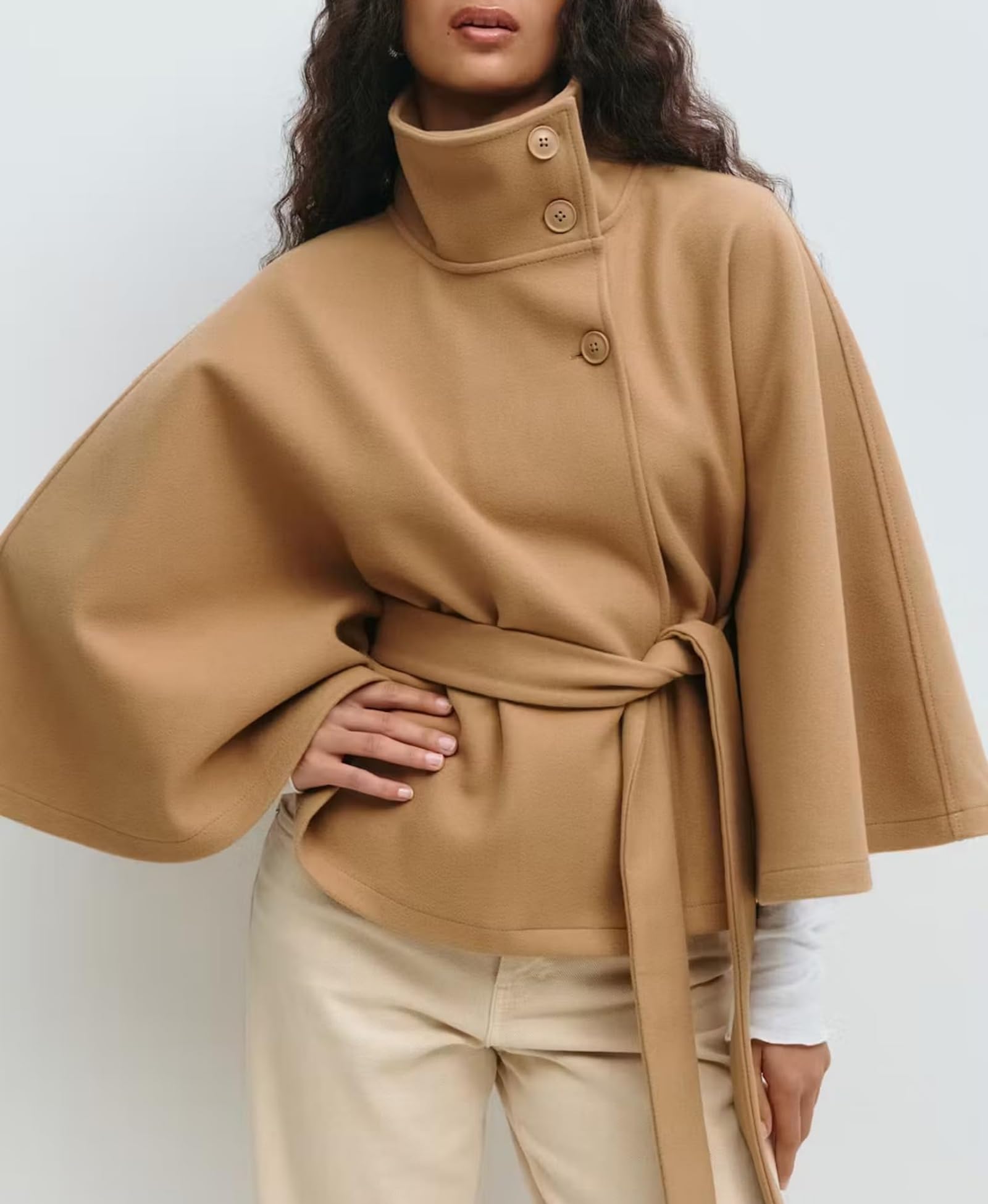 Generisch Poncho de lana con mangas de murciélago para mujer, con cinturón, cuello alto, chaqueta de capa corta