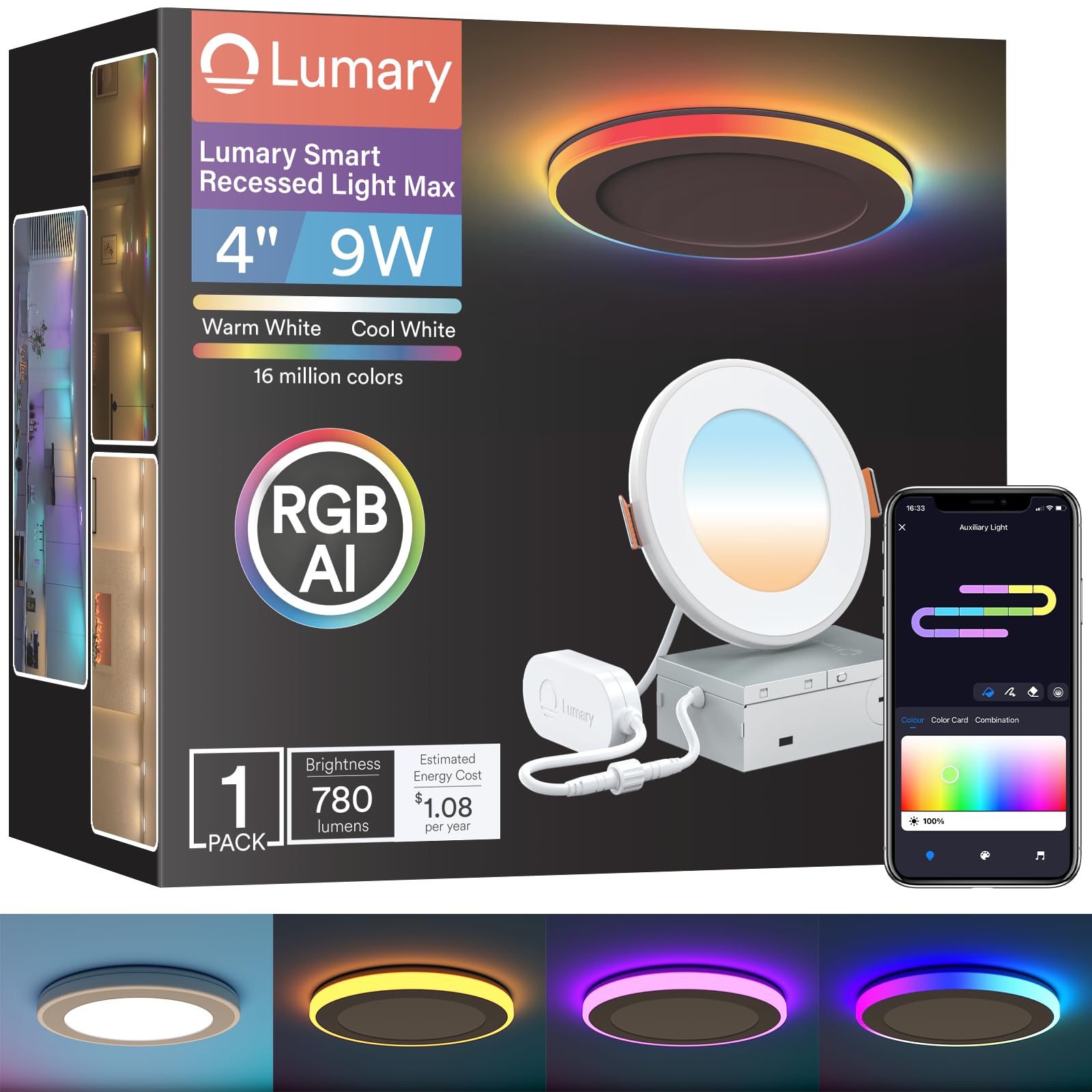 Lumary 4 Inch Smart WiFi Recessed Lights, RGBAI Gradient &amp; Night Ring, 9W