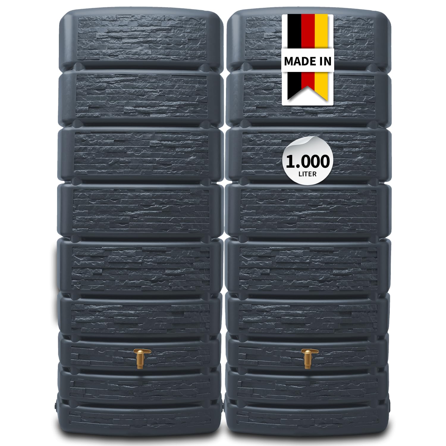 4rain Slim Stone Decor Regentonne Set 1000 Liter Graphitgrau – 2X Regenfass/Wassertank 500 Liter mit Verbinder + Hahn – Frostsicherer Regenwassertank/Regenwassertonne - Wassertonne für Garten