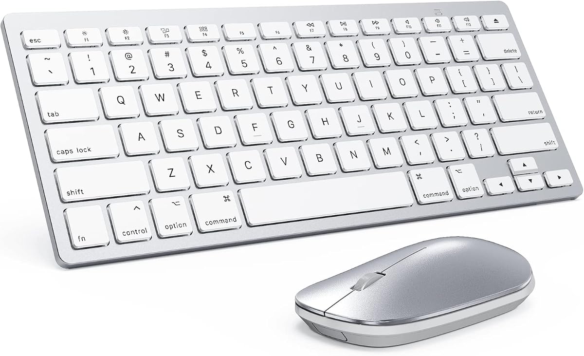 Teclado y mouse Bluetooth compatibles con Mac, OMOTON Combo de teclado y mouse inalámbricos ultradelgados compatibles con MacOS, MacBook Pro/Air, iMac, Mac mini, computadora portátil y PC (Plata)