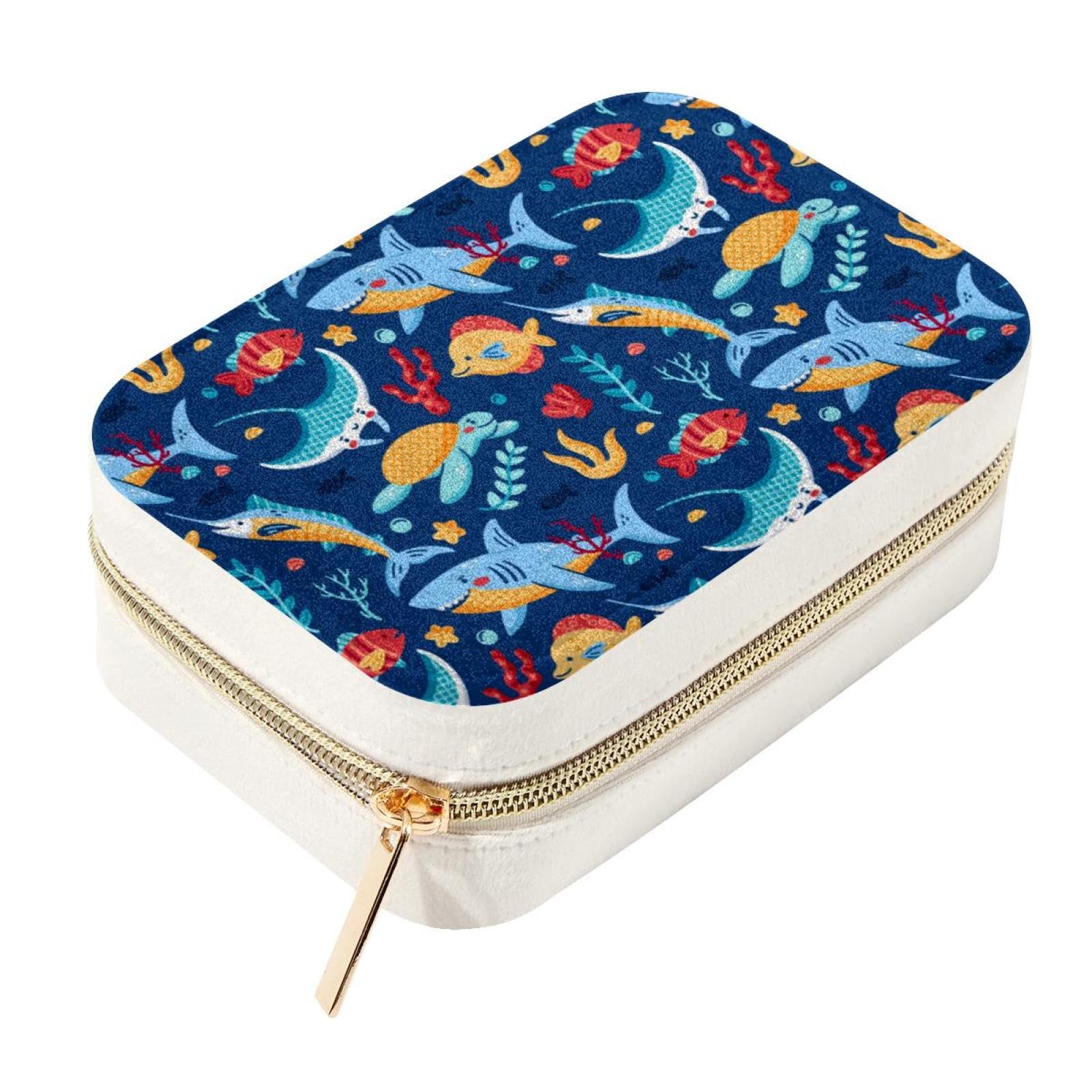 Boîte à bijoux de voyage en velours motif vie marine pour bagues