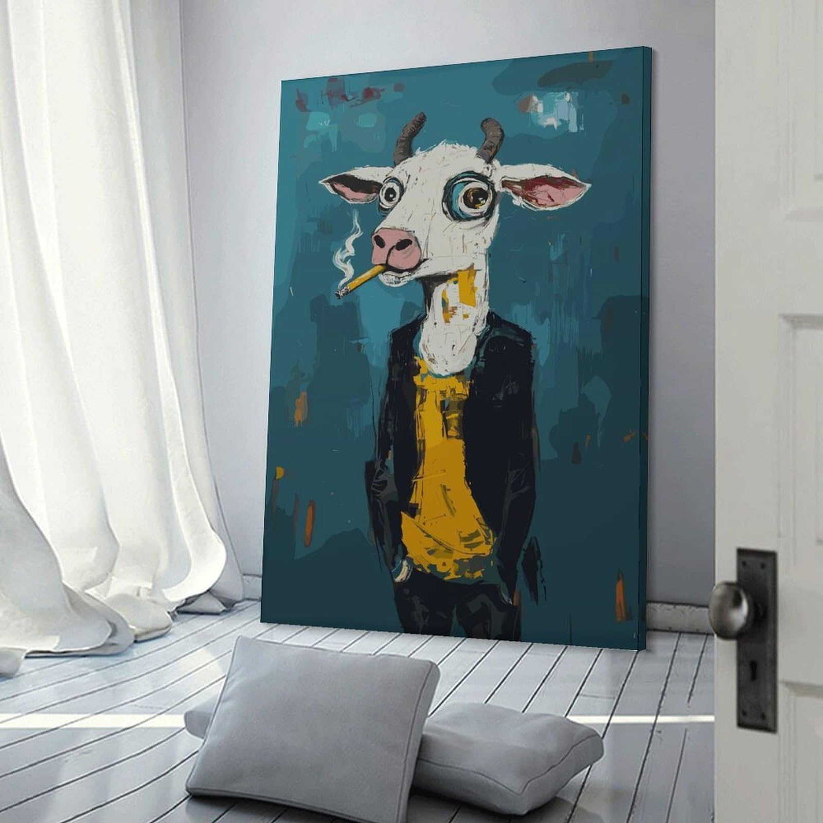 Junmoney Frame-Style-4 Cool Cow With Cigarette Canvas Wall Decor, 20X30inch(50X75cm), For Flats, Guest Rooms Or Compact Rooms, Decorative Canvas Decor For Home Updates