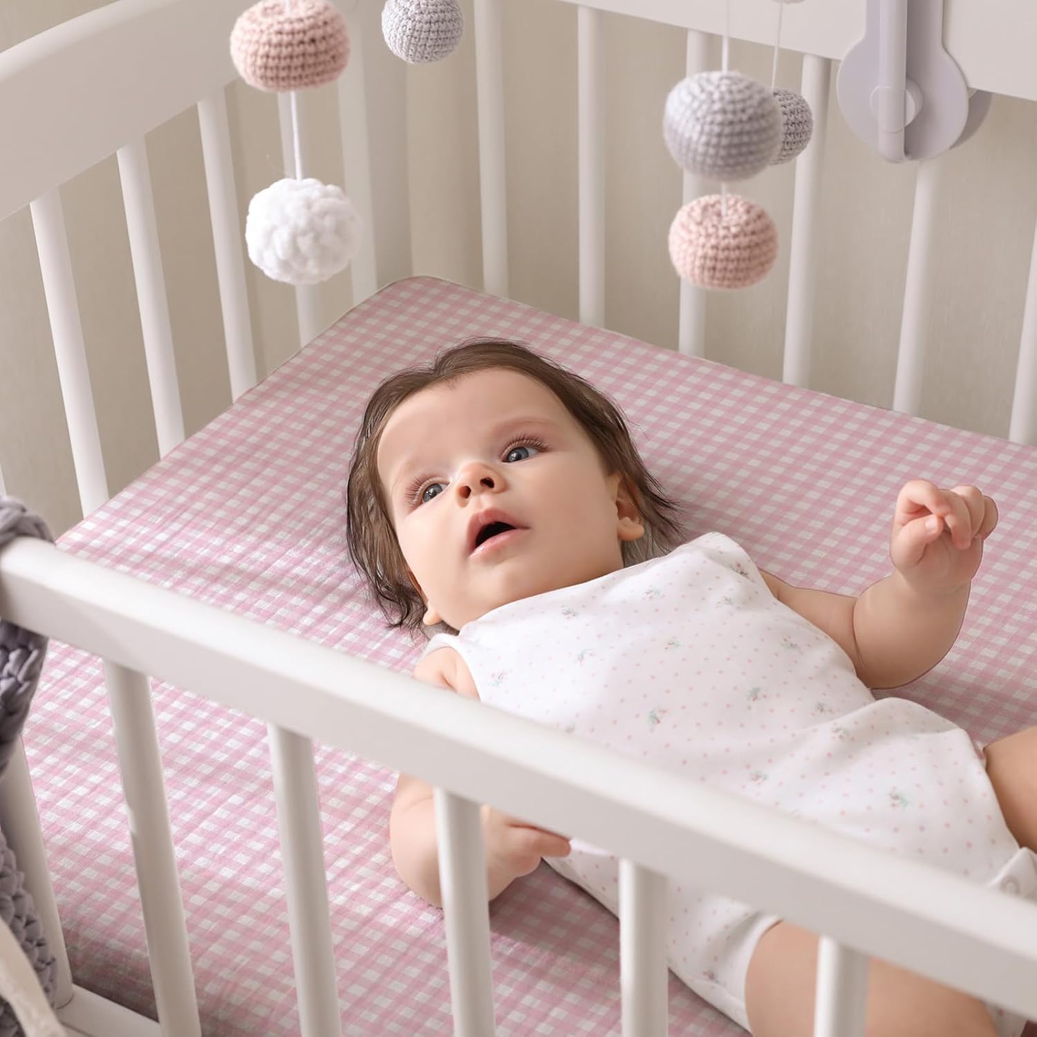 Breling 2 Pcs Muslin Pink and Pink Gingham Crib Sheets for Girl Soft and Breathable 100% Cotton Plaid Crib Baby Bed Sheets Checkered Fitted Mattress Cover for 52''x 28'' Standard Mattress Size