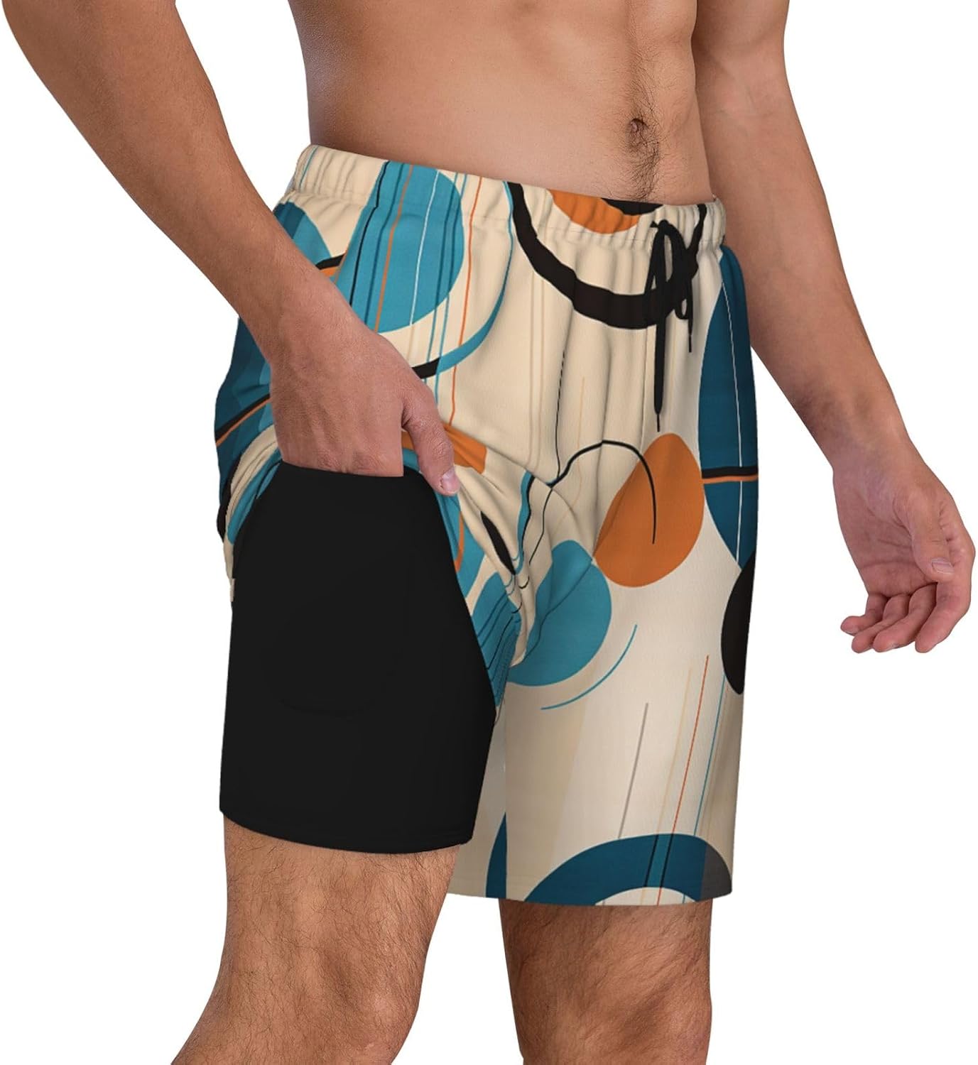 Men's Swim Trunks 2 in 1 Quick Dry Bathing Suits Mid Century Circles Beach Board Shorts Swimwear