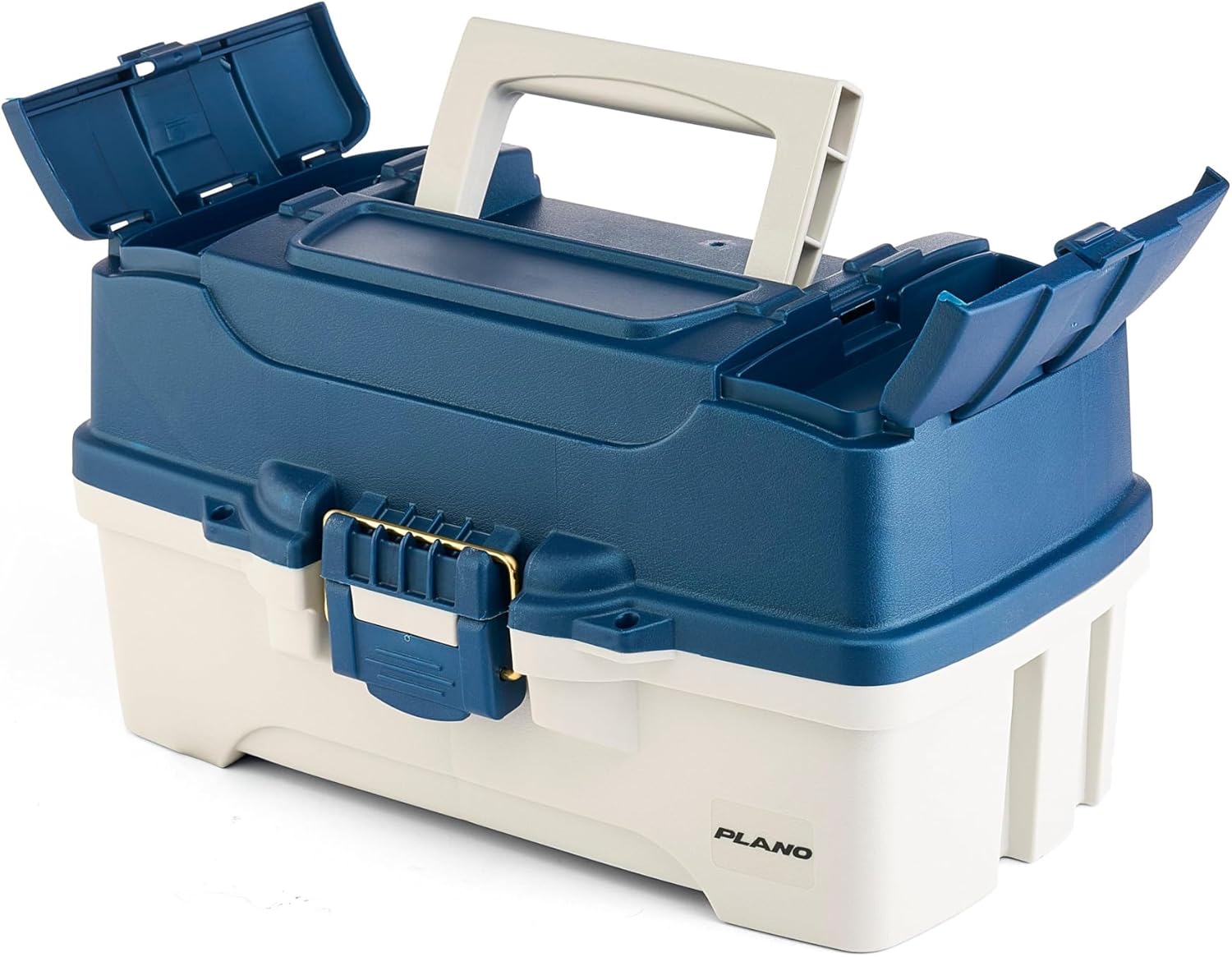 Plano Three-Tray Tackle Box, Blue/White, Rust-Proof Brass Latch, Top-Access Tray with Deep Storage, Made in the USA, Portable Fishing Gear Storage Organizer