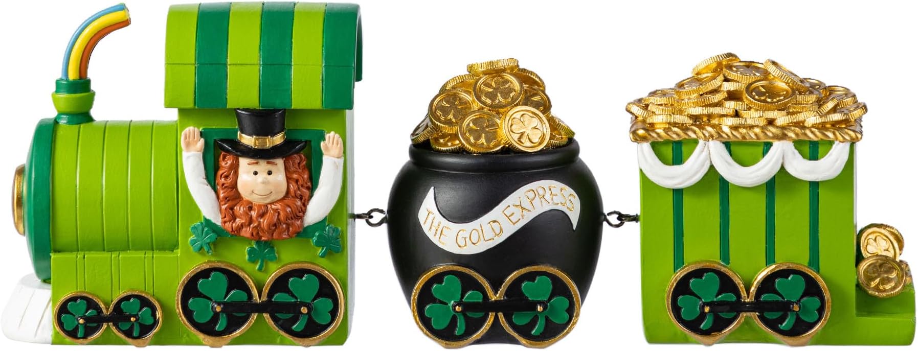 Glitzhome St. Patrick's Resin Leprechaun Train Figure Table Decor, Set of 3 Hand Painted Train Figurines with Gold Express Pot & Gold-Filled Cars, Festive Accent for Tabletops Mantels Shelves