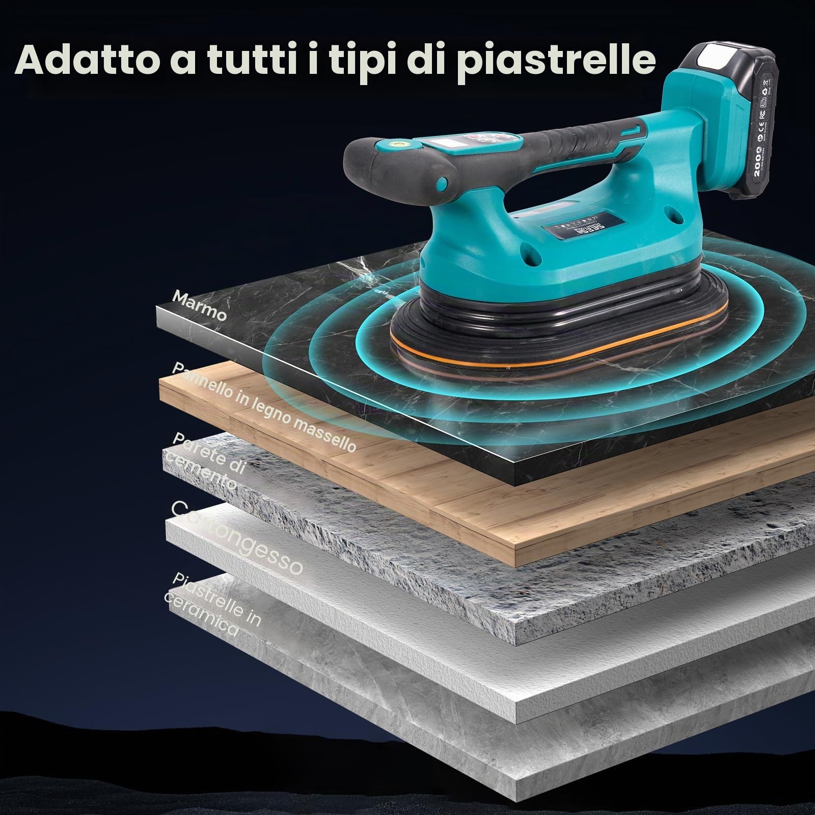 SEESII Vibratore per Piastrelle 285 mm, 2-in-1 Ventosa Vibrante per Piastrelle & Strumento di Vibrazione, 12 Velocità, Batteria 10 Ore, Livella – Vibratore Piastrelle per Formati Grandi (K919B)
