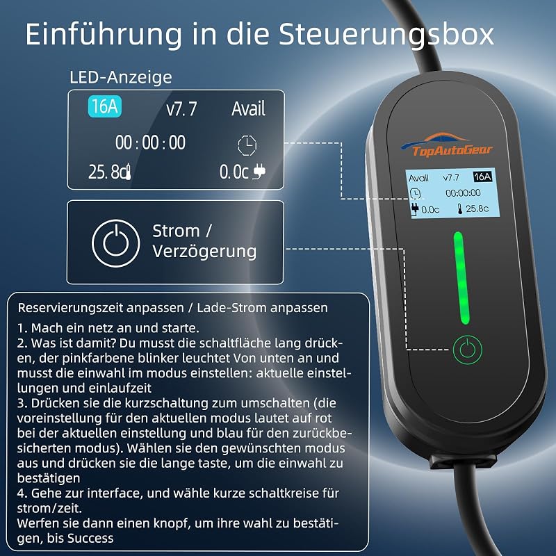 TopAutoGear Type 2 Schuko elektromos autó töltőkábel 10m 3.68kW IP65 vízálló