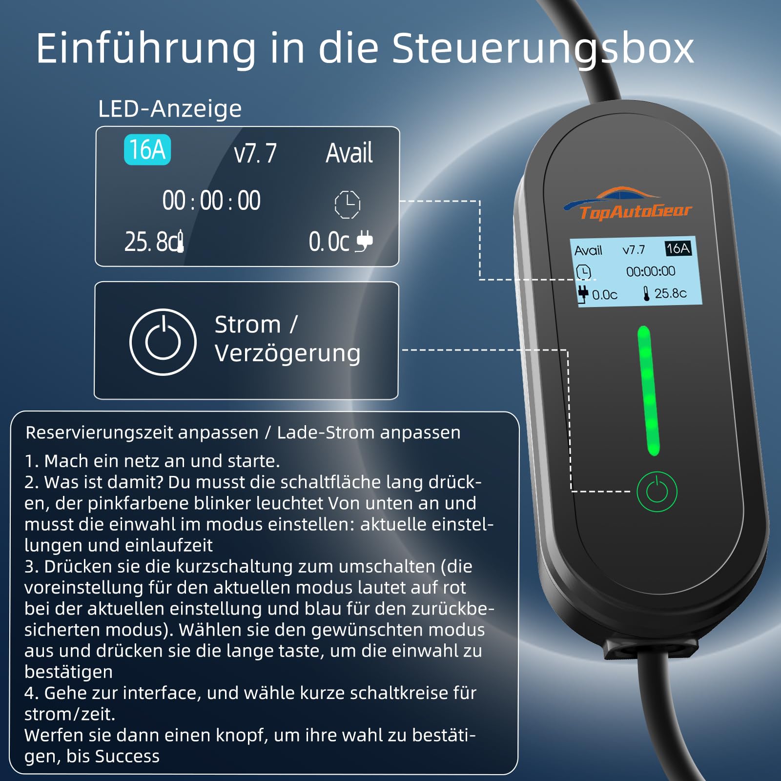 TopAutoGear E Auto ladekabel typ 2 schuko 220v, 10M Ladekabel 3.68KW 1-Phase, 8A/10A/13A/16A 230V Einstellbare Strom IP65, wasserdichte Ladegerätbox, Klarer LCD-Anzeige, Aufbewahrungstasche