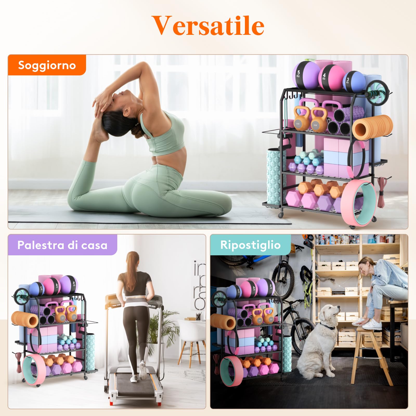Lifewit Porta per Tappetino da Yoga con Ruote, Rack per Attrezzi da Allenarsi per Manubri, Kettlebells, Blocchi da Yoga, Rulli di Schiuma, Attrezzi da Pilates, per Casa, 98 cm di Altezza, Grande