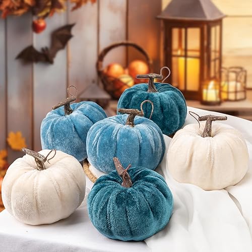 Miniatura 5 de Briful Decoración de calabazas de otoño para el hogar, 6 piezas de decoración de calabaza falsa de terciopelo azul y blanco para cosecha de otoño,