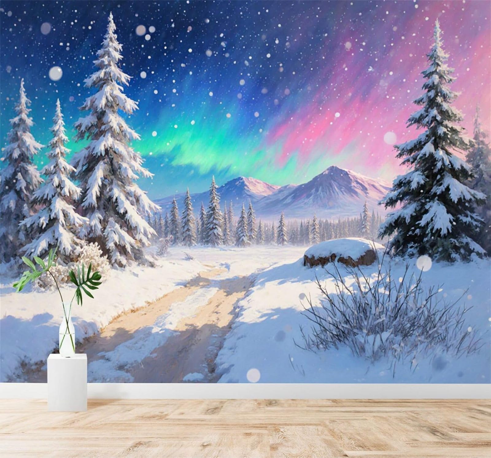 Xlming 400Cm×280Cm(B×H) 3D Wallpaper Beautiful Winter Pine Forest Mountain Peaks Colourful Northern