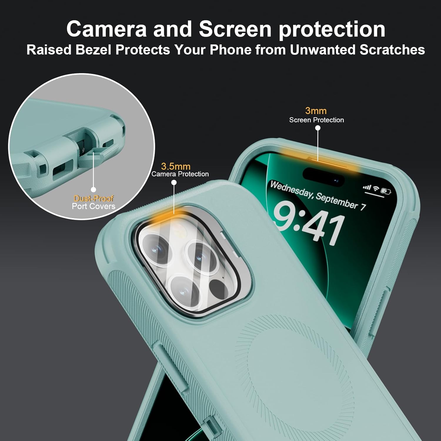 for iPhone 16 Pro Case with Stand & Built-in Camera Cover, MagSafe Compatible, Heavy-Duty Shockproof Protection, Magnetic & Rugged Phone Cover for iPhone 16 Pro 6.3'', Mint - Image 7