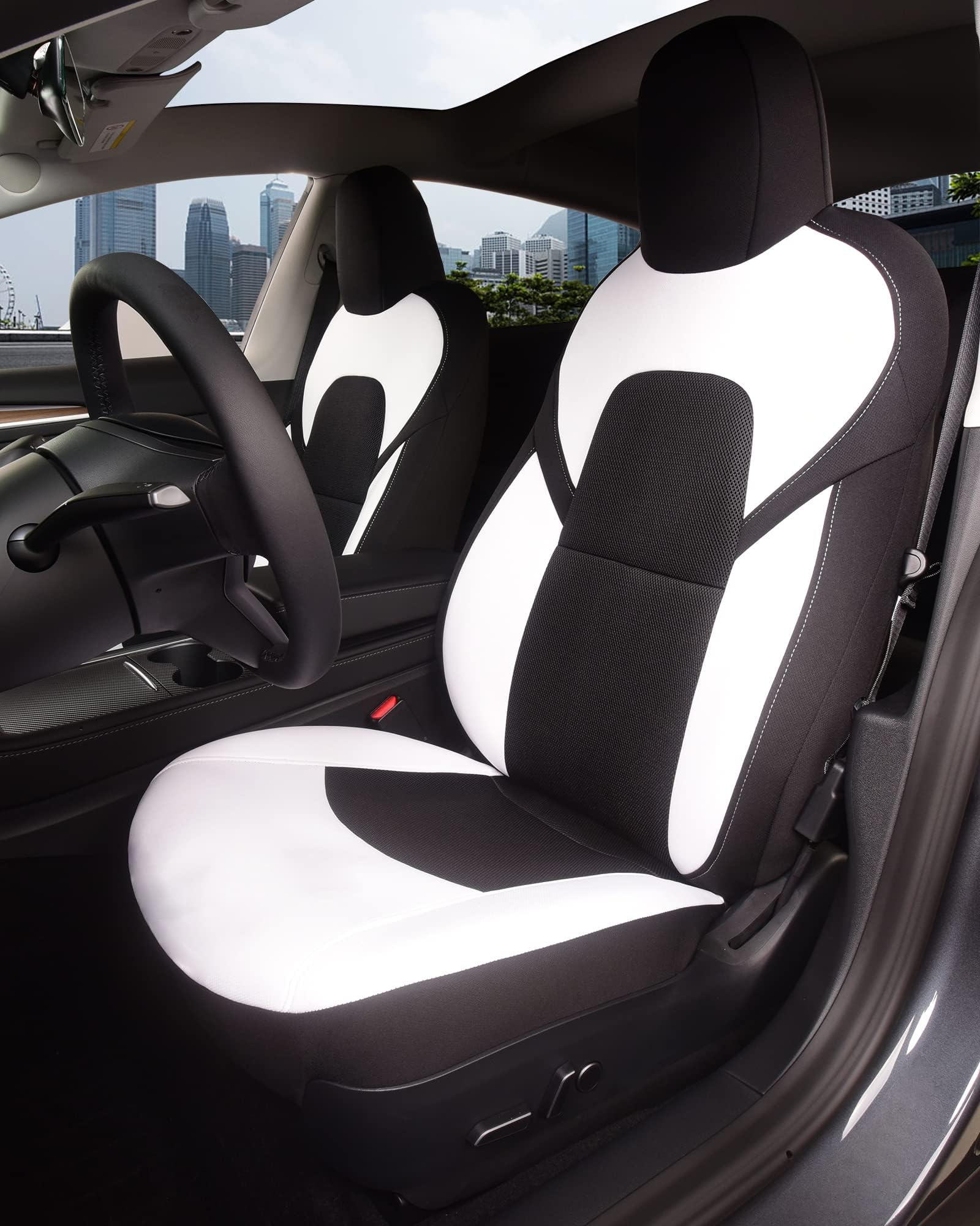 TOYOUN Front Car Seat Covers Custom Fit for Tesla Model 3 2017-2023 Model Y 2020-2024 Car Seat Protector 2PCS,White Black Two Tone Fully Wrapped Farbic Cloth Seat Cover Set for Tesla Model 3/Y