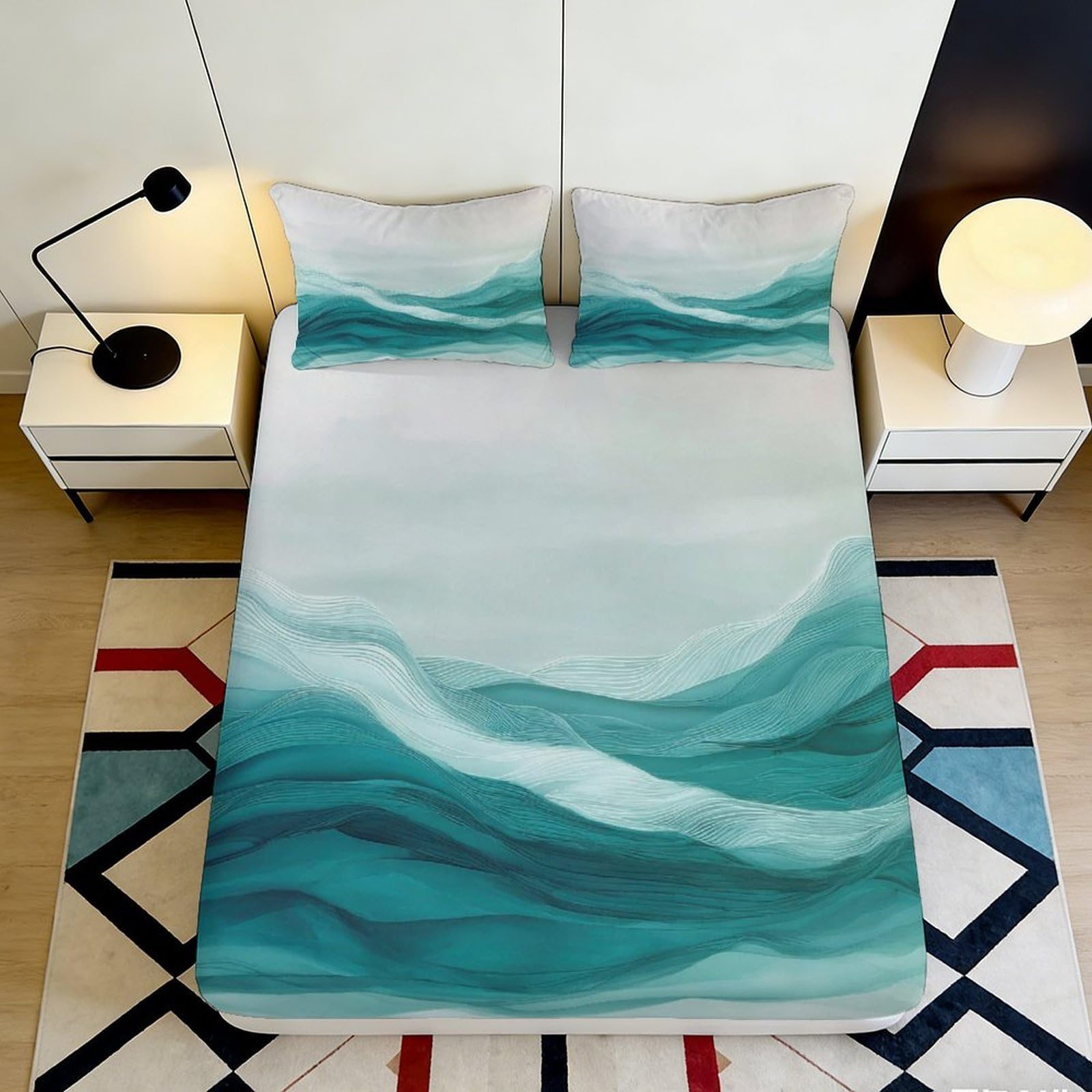 3D Printed Ocean Wave Fitted Sheet Microfiber Soft Breathable Abstract Sea Mattress Cover for Bedroom Dormitory Guest Room Protection Decor 160x200x25cm