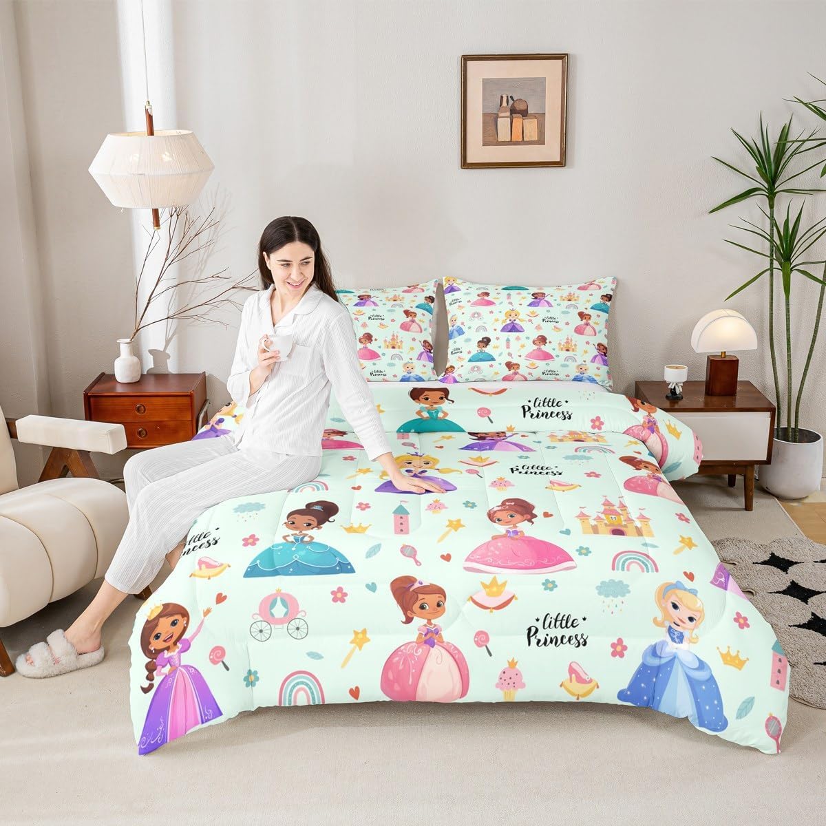 Erosebridal Cute Girly Princess Queen Comforter Set, Magical Kids Castle Soft Bed Set for Bedroom, Kawaii Princess Breathable Quilt Set for Kids Girls, Cartoon Rainbow Down Comforter