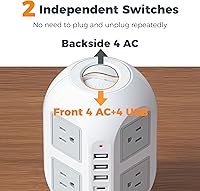 Vista 2 de TESSAN Regleta protectora contra sobretensiones en torre de 10 pies, cable de extensión plano largo con múltiples tomas, 8 salidas de CA con 4