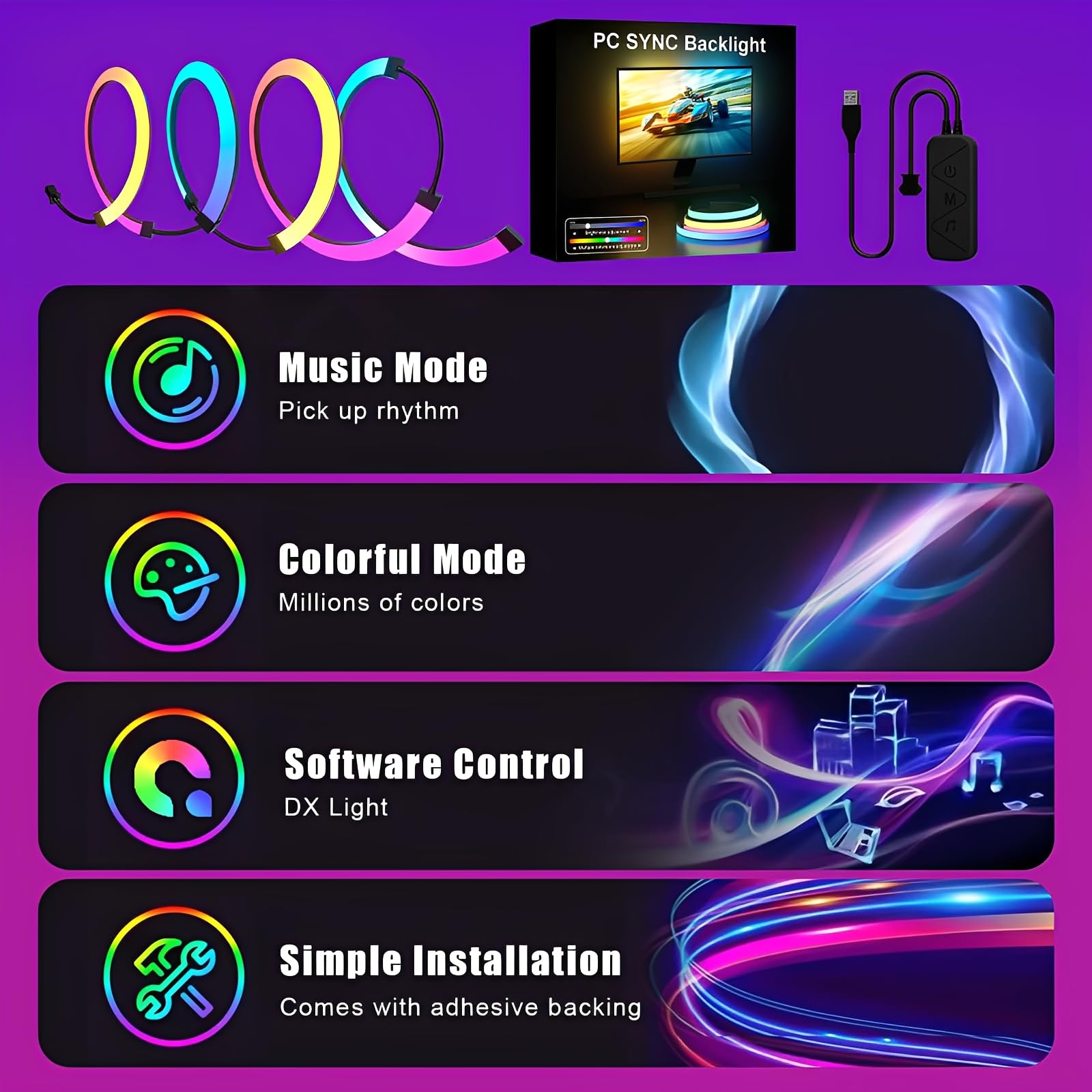 Retroilluminazione per Monitor PC da 27 Pollici, Striscia Luminosa a LED RGBIC Sincrona con Colore Dello Schermo e Musica per Giochi, Film, Ecc, Facile da Usare Senza Fotocamera (4 Striscia LED)
