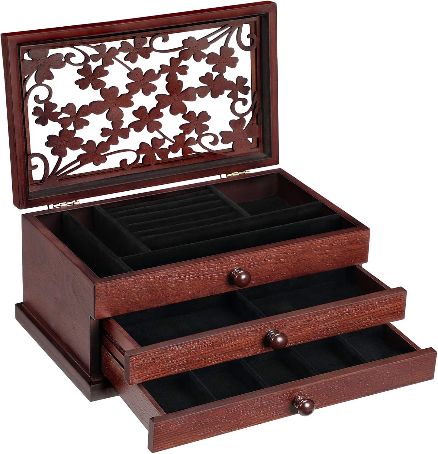SONGMICS UJOW14BR Wooden Jewelry Box, closed, showing floral carving on lid
