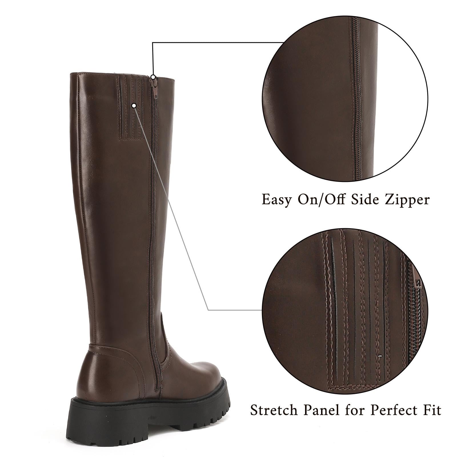 Putu Damen Stiefel Plateau mit Blockabsatz und Profilsohle 36-41 | Knielange Damen Stiefel mit Plateau, Kunstleder-Obermaterial, seitlichem Reißverschluss und grober Profilsohle für Alltag