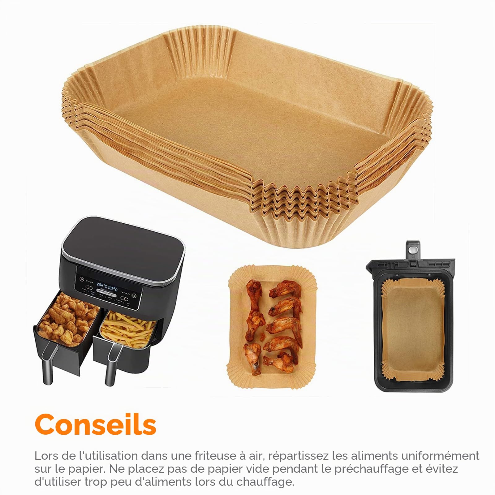 GRIFEMA Papier Air Fryer Rectangulaire 20,5 x 14 cm 100 Pièces Compatible Ninja Dual Zone AF300UK AF400UK Antiadhésif Jetable Sans BPA