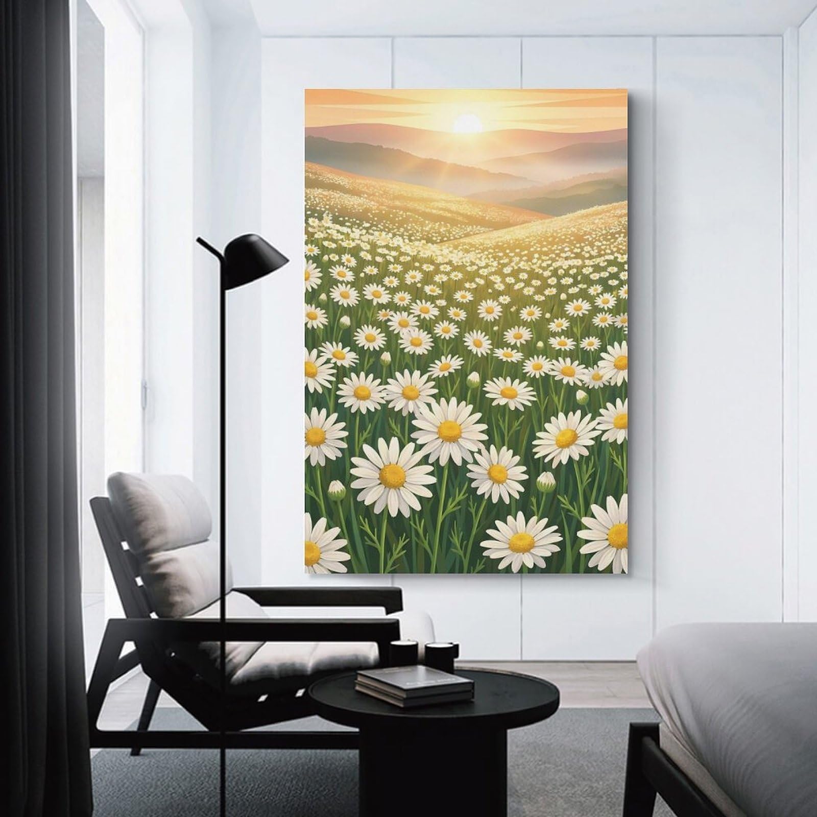 Junmoney Hanging Wall Art Daisy Field at Sunrise, 24x36inch(60x90cm), for Wall Displays, Bedrooms Or Room Updates, Decorative Artwork with Flexible Styling
