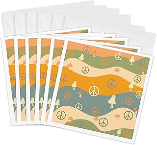 3dRose Greeting Cards - peace signs, orange, green, peach color, steely blue, mushrooms, retro, wavy, pattern - 6 Pack - Patterns and Backgrounds