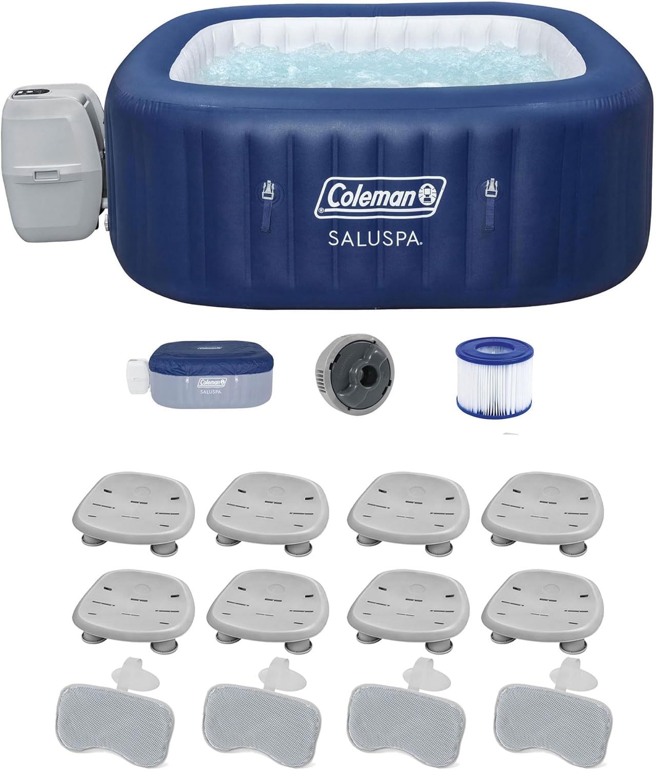 Bestway Coleman Hawaii AirJet Inflatable Hot Tub with EnergySense Cover, Blue + Spa Seat (6 Pack) + Pillows (3 Pack)