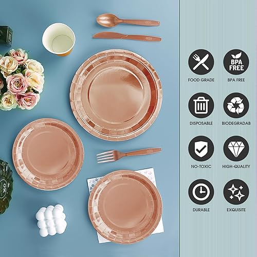 Miniatura 4 de Juego de vajilla desechable de bronce de 175 piezas para fiestas, platos de papel de bronce, servilletas, vasos, tenedores de plástico de bronce,