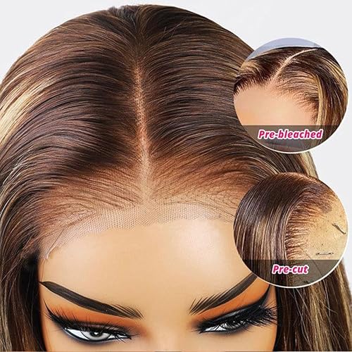 Miniatura 2 de FQ Wear and Go Pelucas de cabello humano sin pegamento, 427 con reflejos lacios, encaje frontal 4x4, pelucas de 24 pulgadas, peluca de color