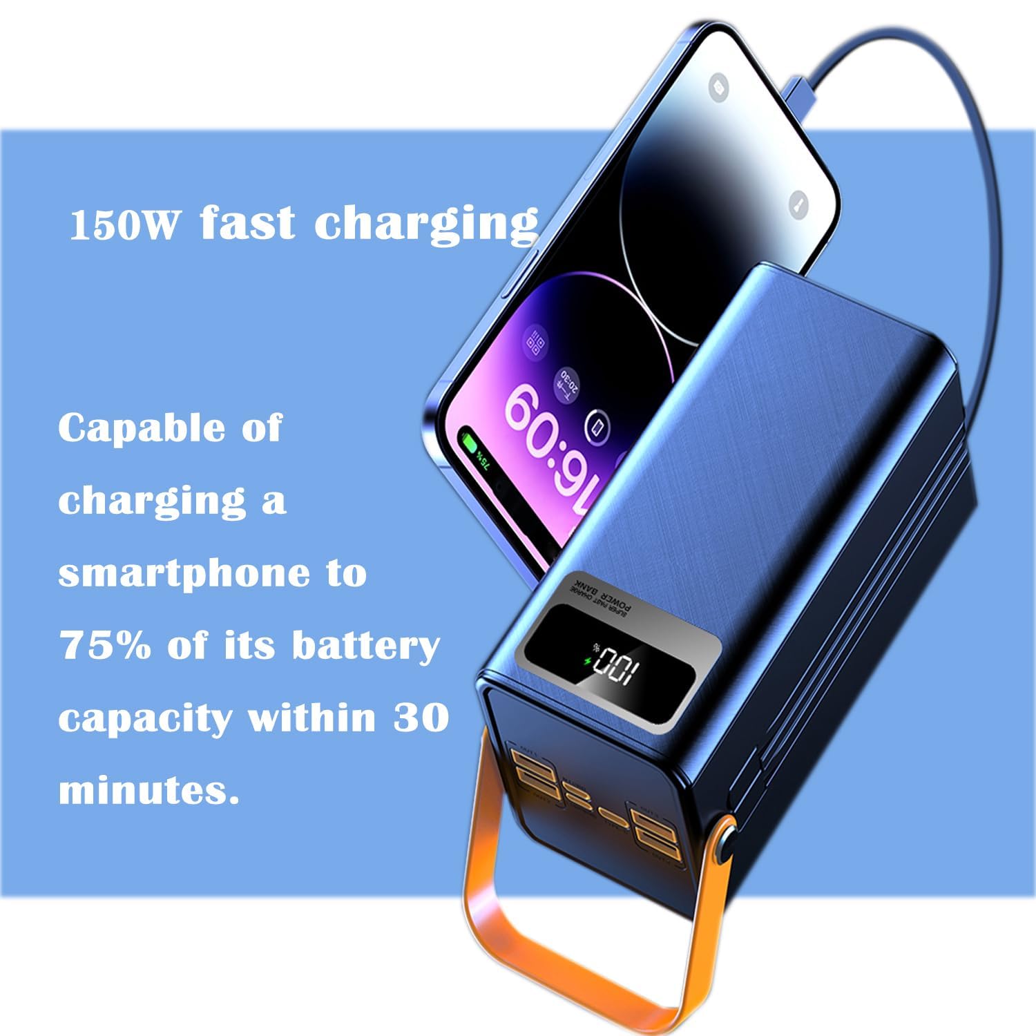 Caricatore portatile da 70000 mAh, 120 W a ricarica rapida e cavi integrati, con luce LED, 4 uscite e 3 ingressi, batteria ricaricabile per iPhone, Samsung, iPad, campeggio all'aria