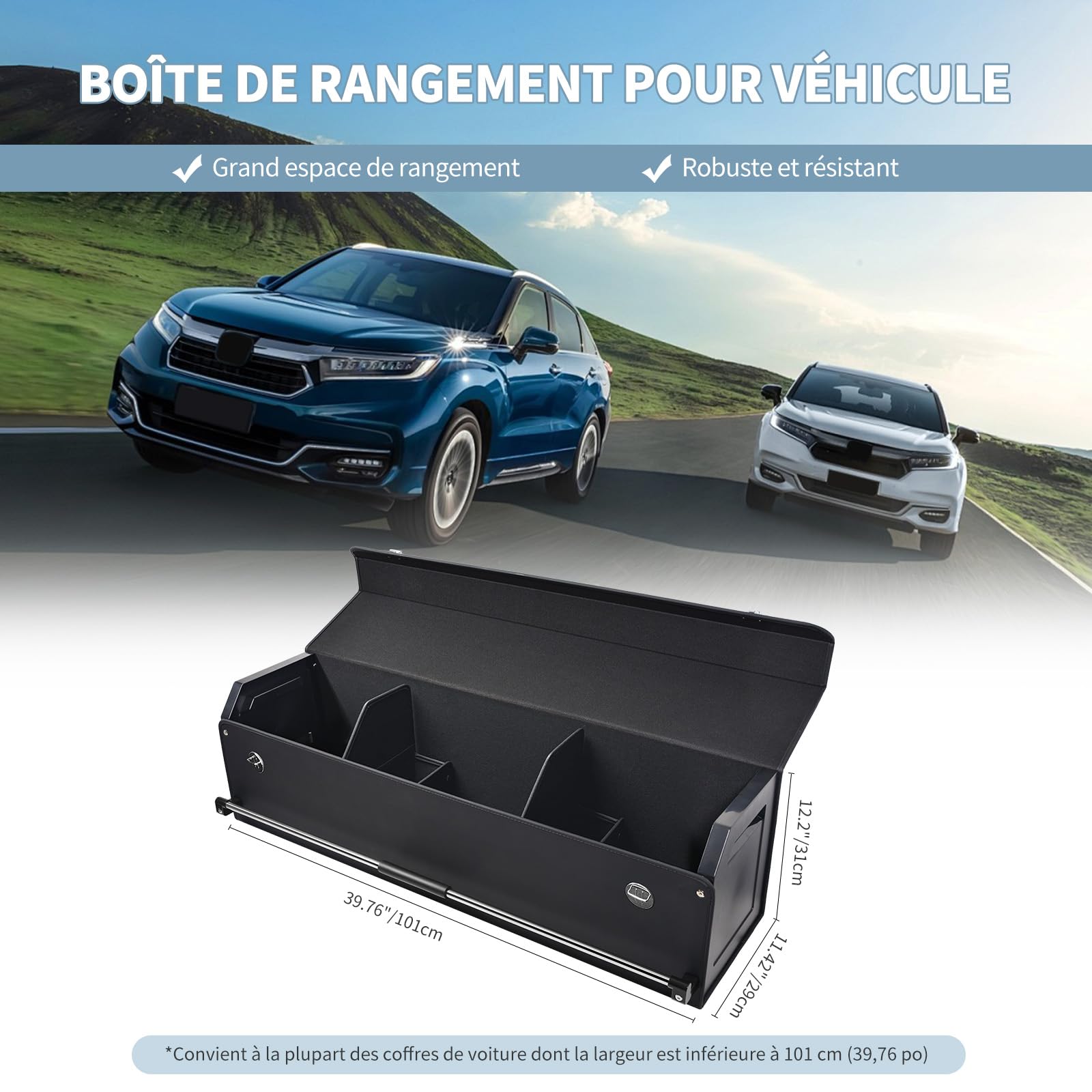Organiseur de coffre de voiture, en cuir imperméable, avec couvercle et poignée stable, compartiment de rangement pour emballage, SUV, accessoires de voiture (Noir, XXL (101 * 29 * 31cm))