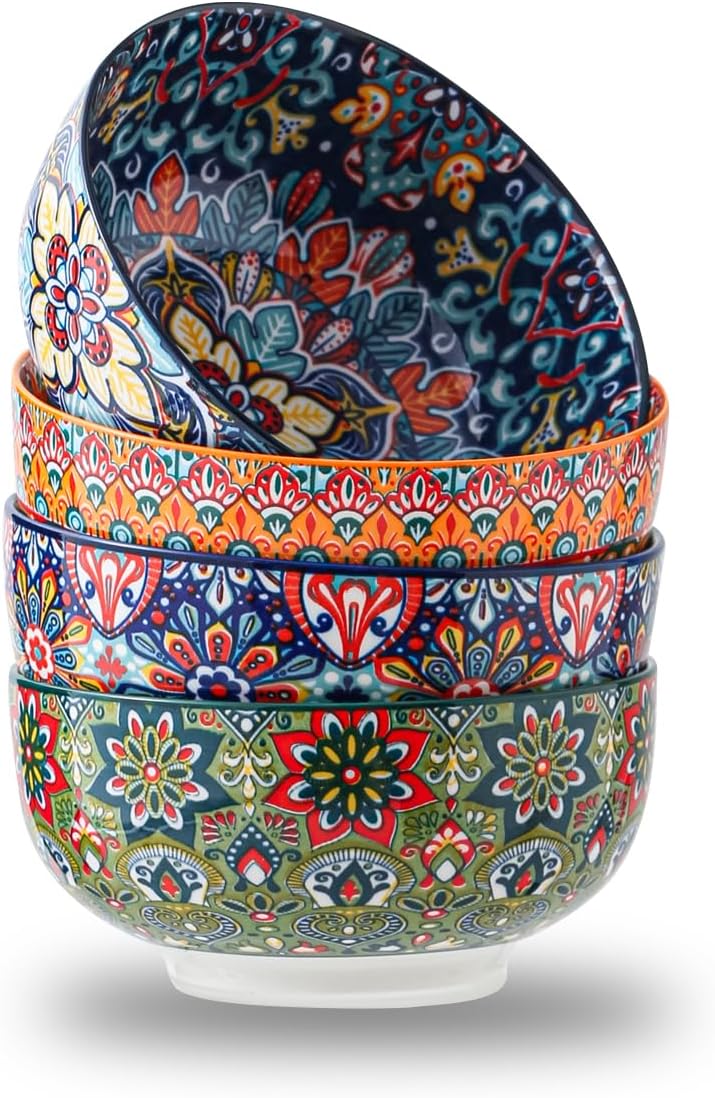 Porcelain Bowl Set of 4, 24 oz, 6 Inche Deeply Bohemia Bowl Set Large Ceramic Bowl Spaghetti Bowl, for Salad Pasta Soup Cereal Oatmeal Fruit, Microwave & Dishwasher Safe Gift Handmade-Style Print