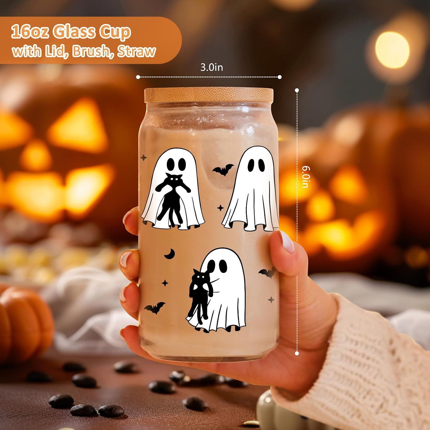 Coolife Halloween Ghost Black Cat Iced Coffee Cup, Spooky Glass Tumbler