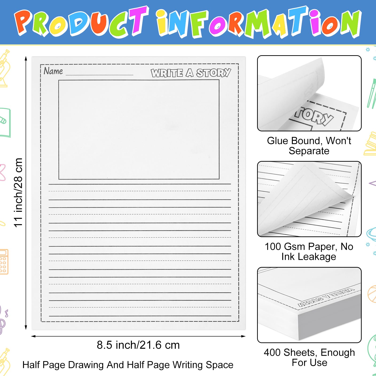 Trandraft 400 fogli di carta da lettere per bambini 21,6 x 28 cm quaderno elementare primario con spazio per immagini e linee Disegna e scrivi storia Carta primaria K 2 per scrivere a mano per creare