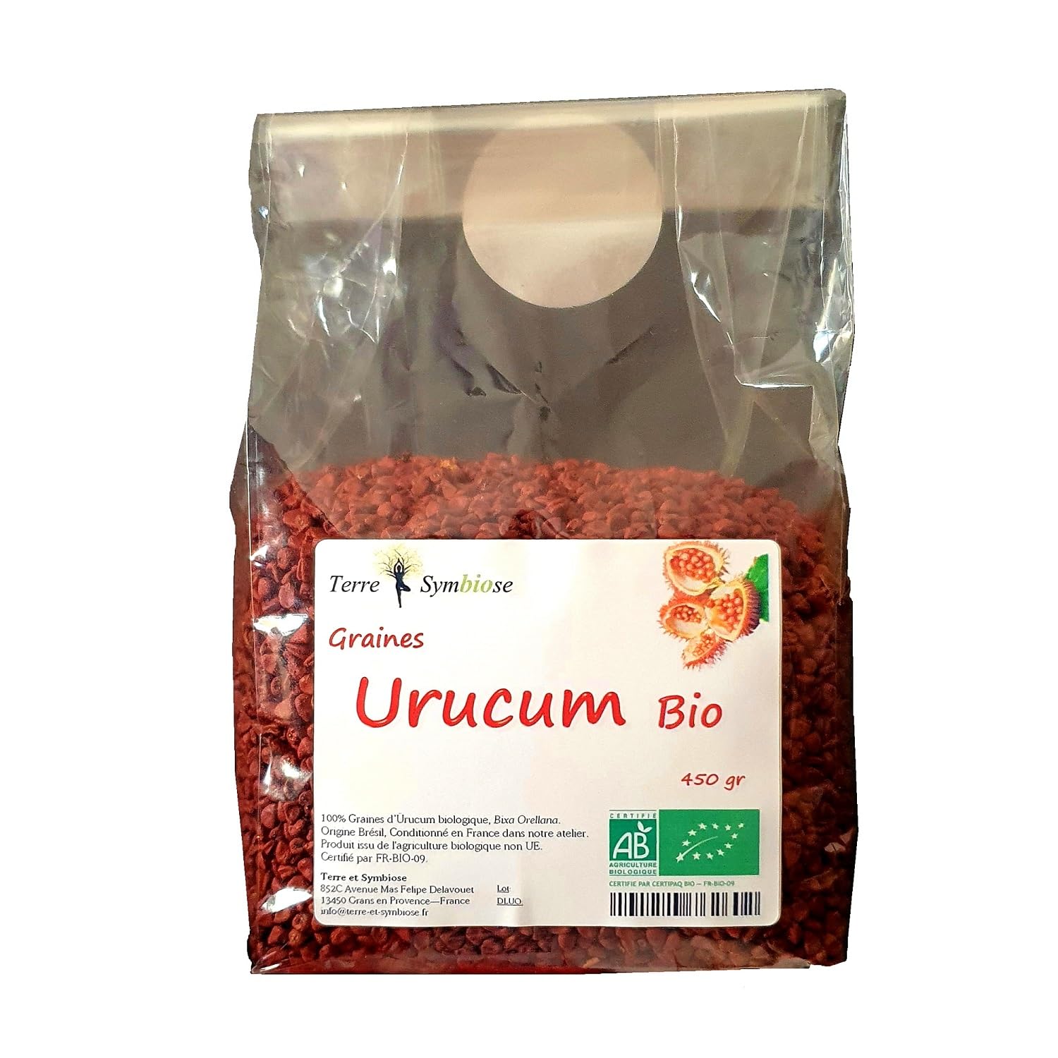 Urucum Bio 450g, graines de Roucou entières issues de culture biologique, 100% naturel