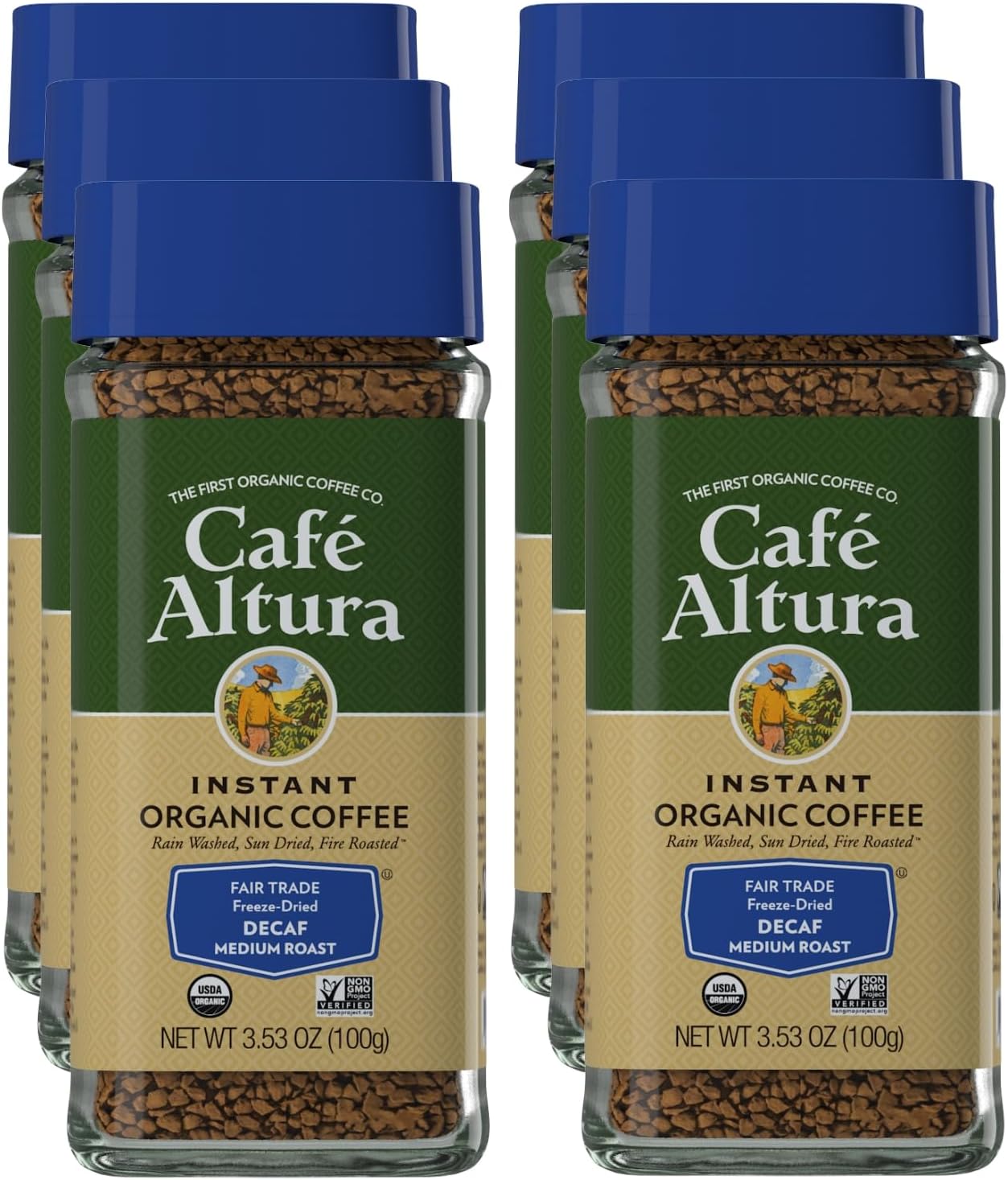 Decaf Freeze Dried Instant Organic Coffee, 3.53 oz Jar (Pack Of 6)