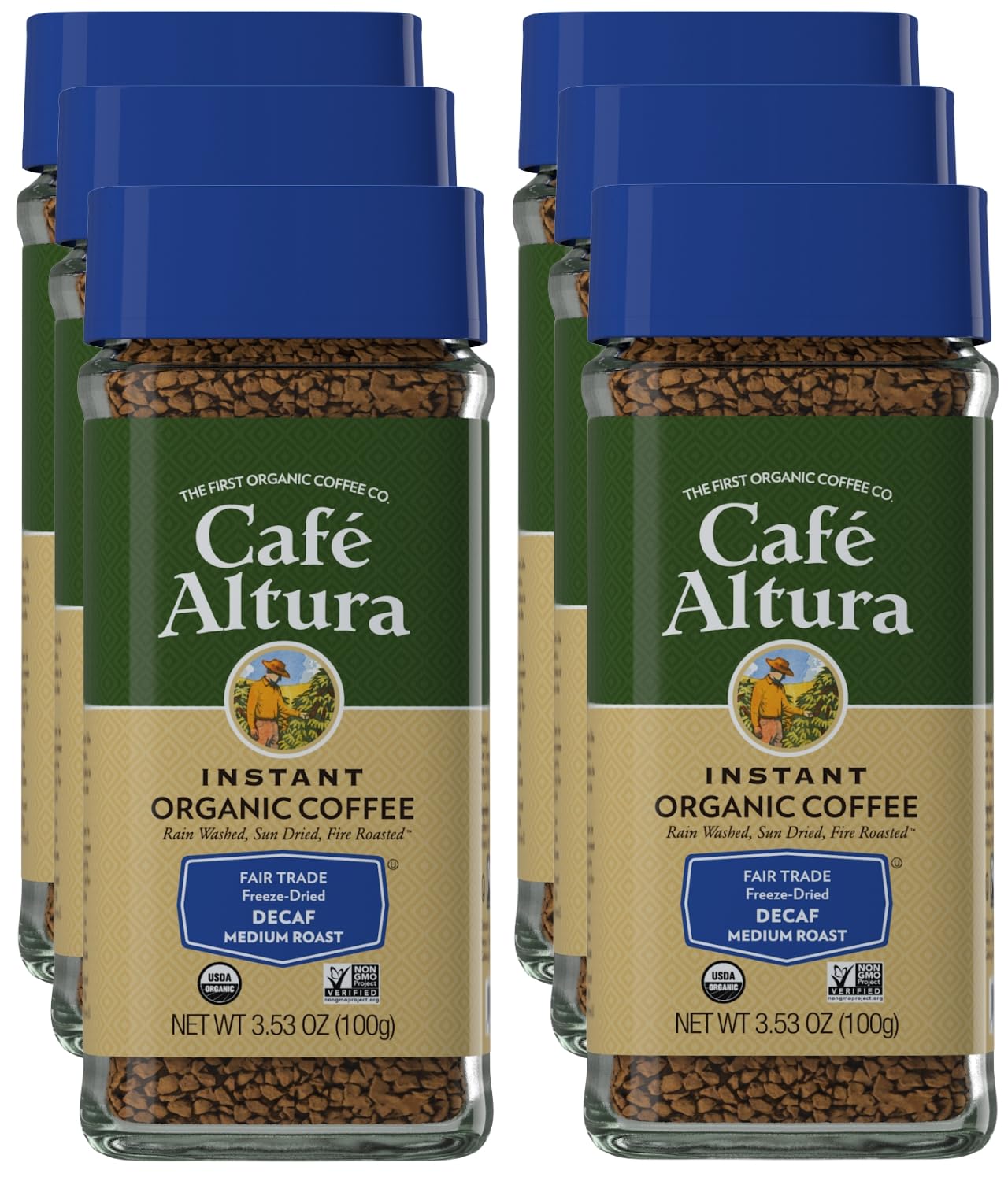 Decaf Freeze Dried Instant Organic Coffee, 3.53 oz Jar (Pack Of 6)