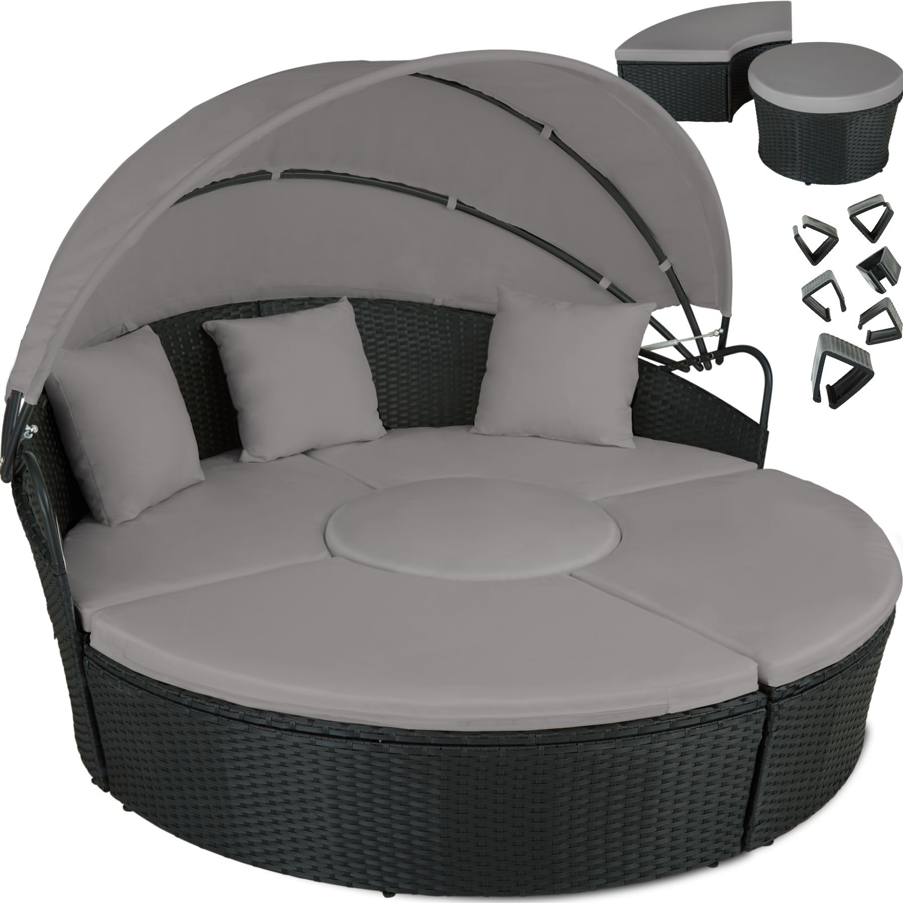 TecTake® Isla de Ratán con Cojines, Conjunto Jardín con Toldo Corredizo Plegable, Muebles Jardín Exterior con Estructura en Acero y Resistente a la Intemperie, Conjunto Terraza Combinable - Negro/Gris