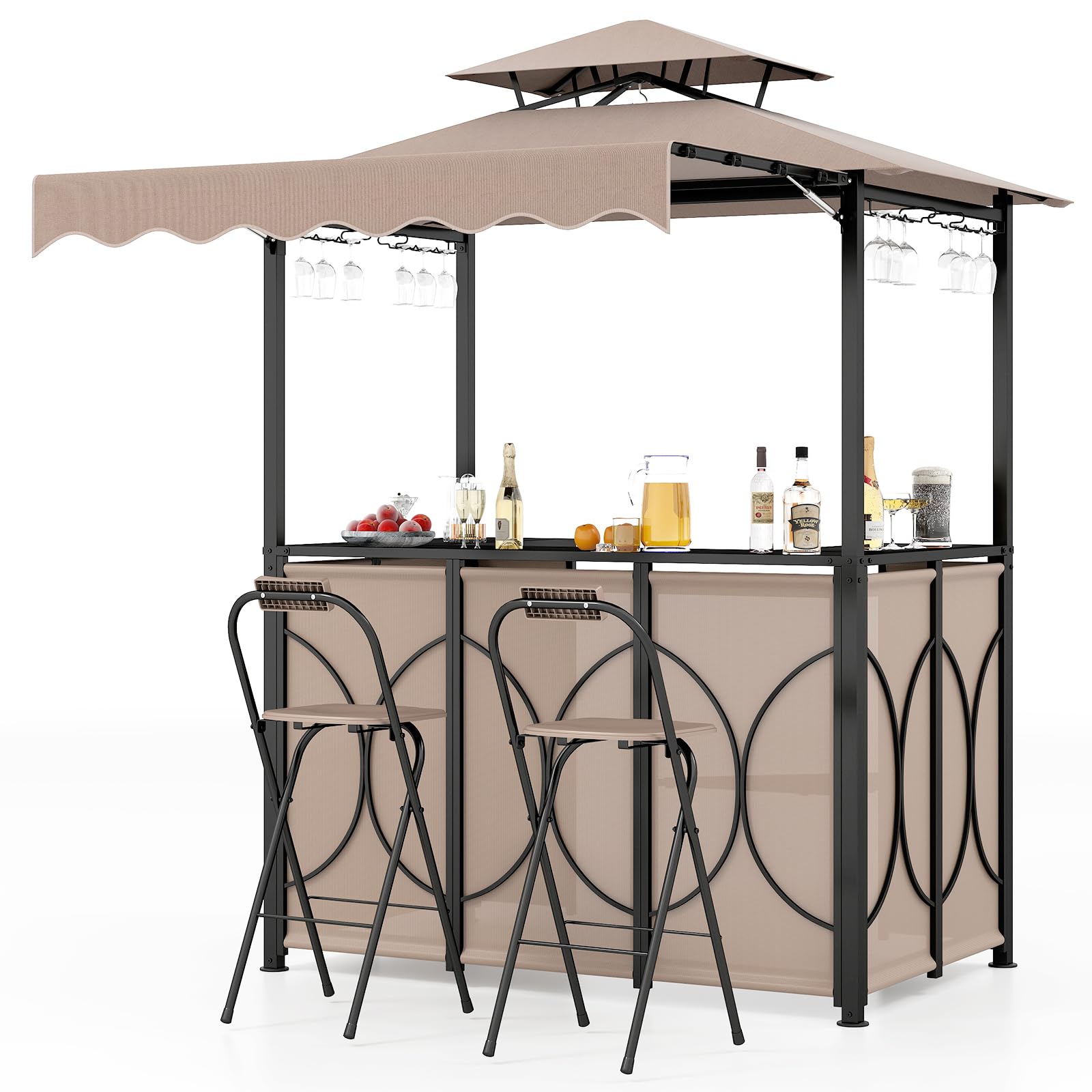 COSTWAY Tonnelle de Barbecue 3 Pcs Extérieur avec 2 Chaises Pliables Auvent, Ensemble de Bar de Jardin à Double Toit avec Table de Bar Étagères de Rangement en Métal, pour Jardin Cour (Marron)